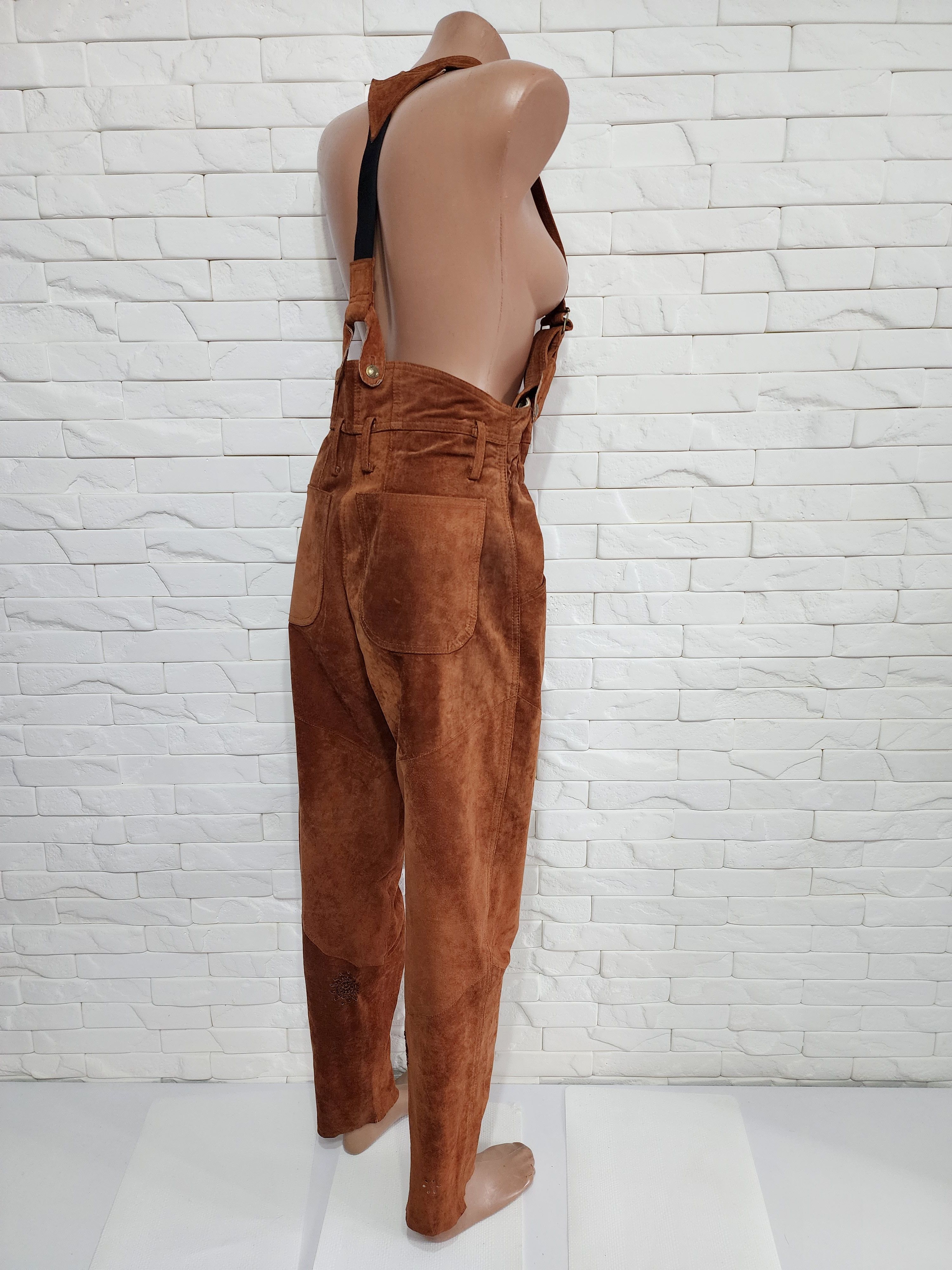 Genuine Leather Brown women's pants with pockets and suspenders. Size 34" / US 12 / IT 48 - 5 Thumbnail