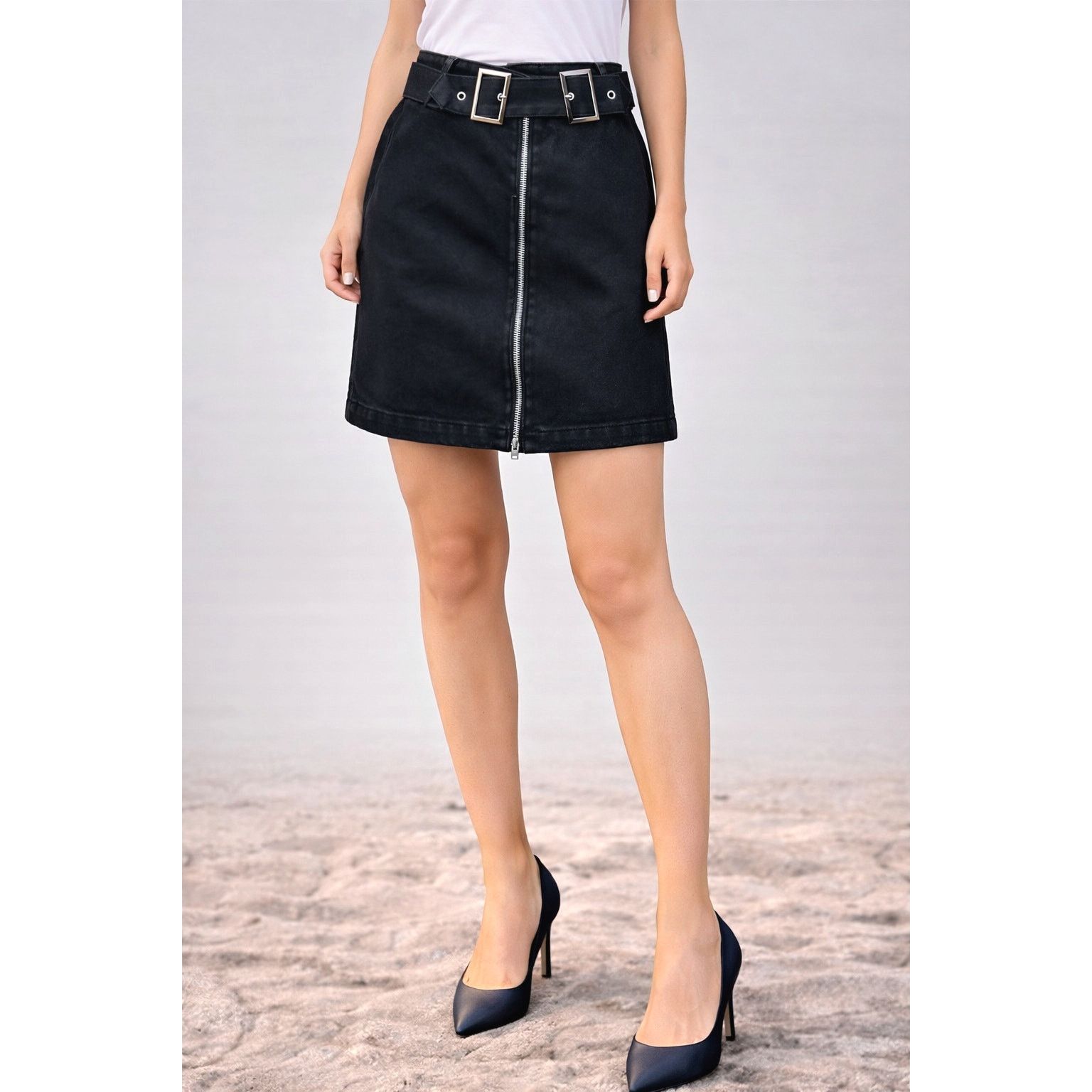 Other Denim Belted Zipper Front Mini Skirt Black size M Size 30" / US 8 / IT 44 - 1 Thumbnail