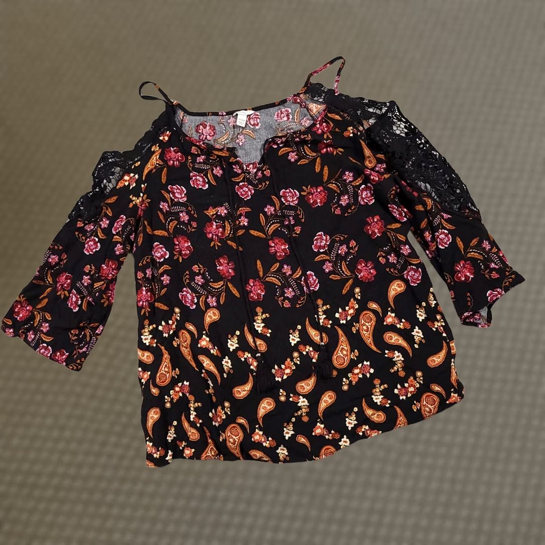 Vintage Cato Shirt Women's 18/20W Paisley Boho Blouse 3/4 Sleeve Crochet Cold Shoulder Size 3XL / US 20-22 - 1 Thumbnail