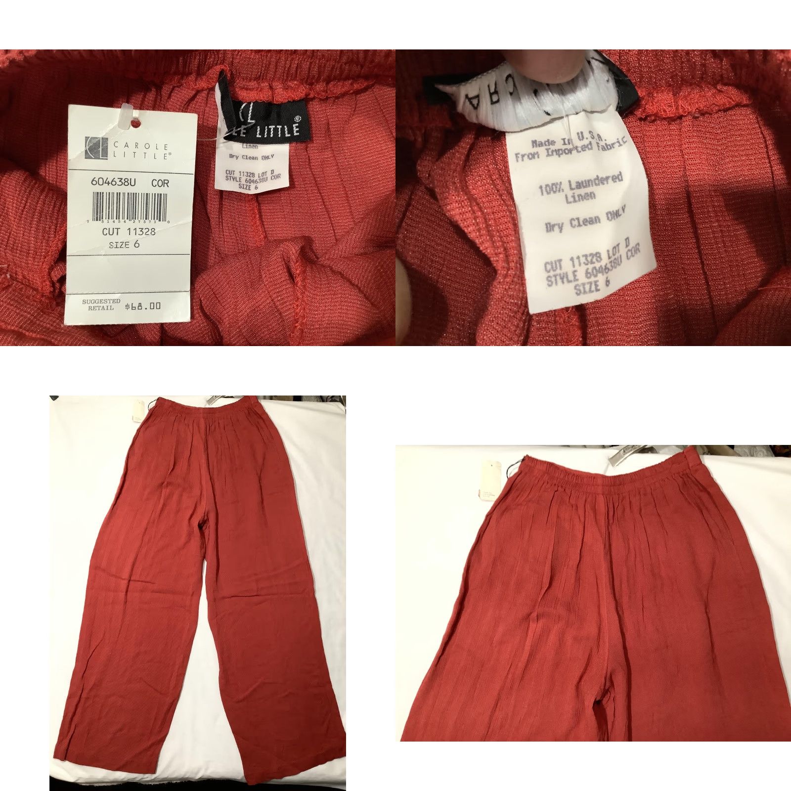 Vintage Carole Little Pants Womens 6 Orange Linen Wide-Leg Pull On Pleated Casual Summer Relaxed Size 28" / US 6 / IT 42 - 8 Thumbnail