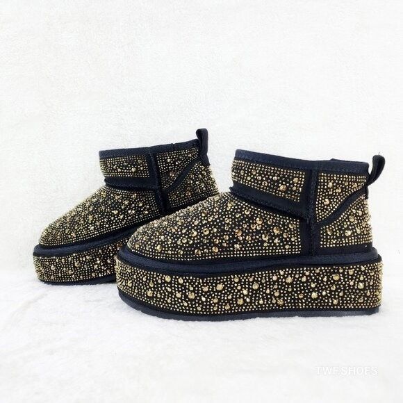 Other Ego Flashy Platform Ankle Boots Black w/ Gold Rhinestones Size US 7.5 / IT 37.5 - 7 Thumbnail