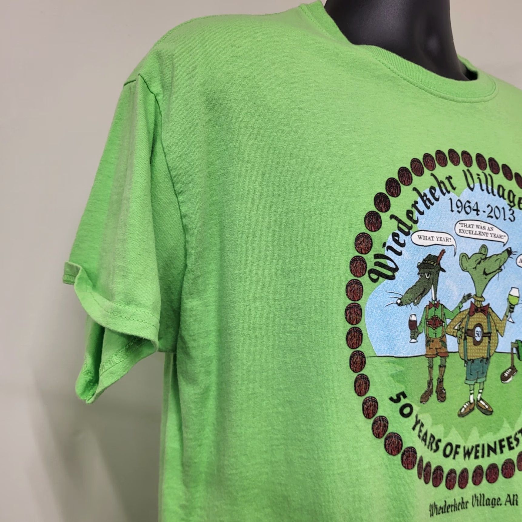 Gildan Wiederkehr Village Weinfest TShirt Unisex Graphic 50 Years 1964-2013 Green Shirt Adult L Neon Green Logo 1960s-2010s Mens Womens Size US L / EU 52-54 / 3 - 5 Thumbnail