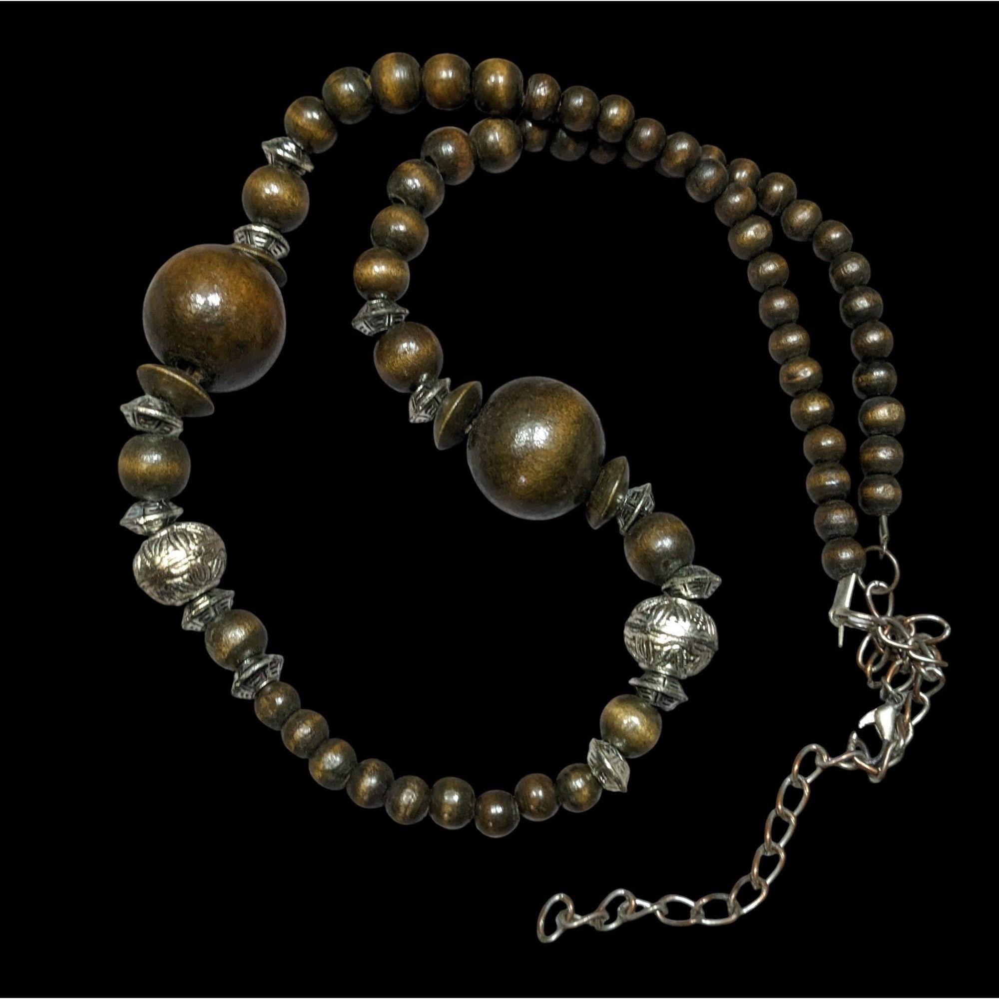 Other Vintage Wooden Beaded Necklace With Silver-Tone Accents & Ad Size ONE SIZE - 1 Thumbnail