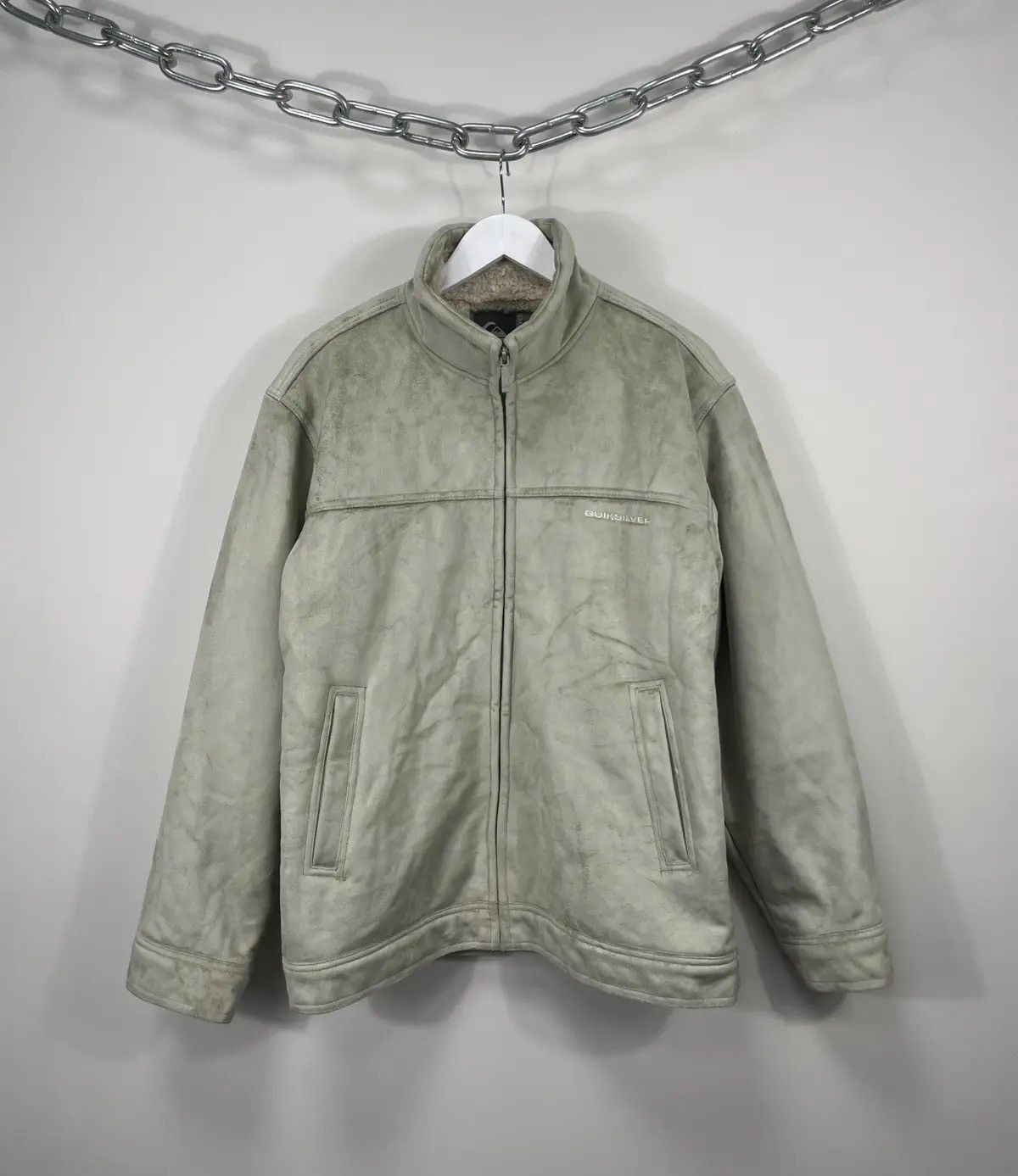 image of 90's Quiksilver Y2K Sheepskin Leather Jacket in Grey Beige, Men's (Size Large)