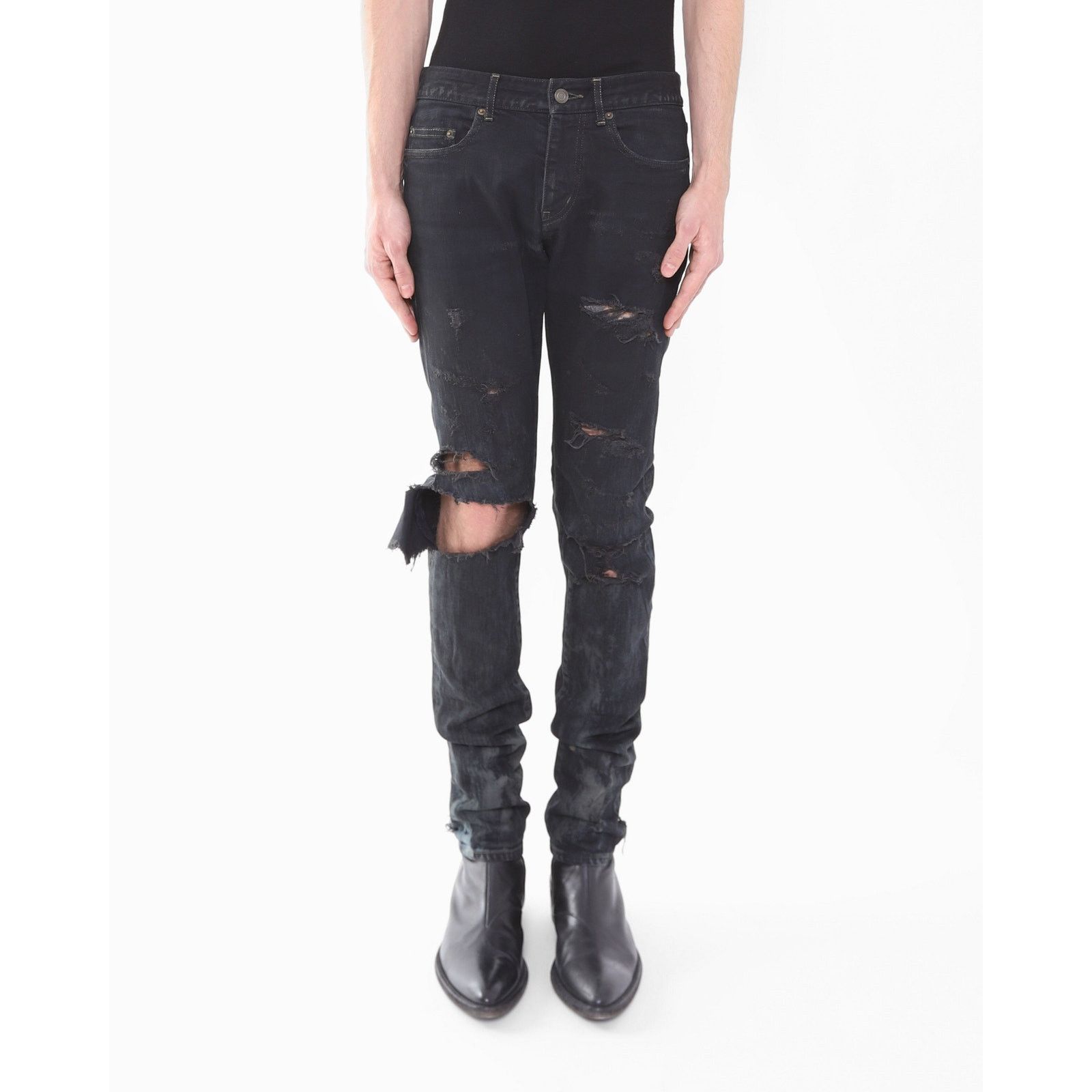 Saint Laurent Paris FW14 Crash Jeans in Black Oil Spill Denim Size US 29 - 1 Thumbnail