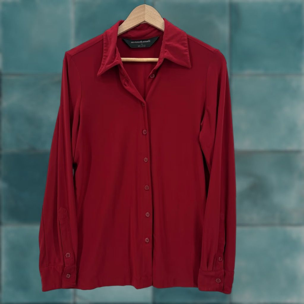 Norma Kamali Norma Kamali Button-Up Shirt Womens L Red Collared Long Sleeve Stretch Jersey Top Size L / US 10 / IT 46 - 1 Thumbnail