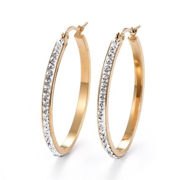 Other Gold Rhinestone Hoop Earrings Stainless Steel Hoops 43x30mm Size ONE SIZE - 1 Thumbnail