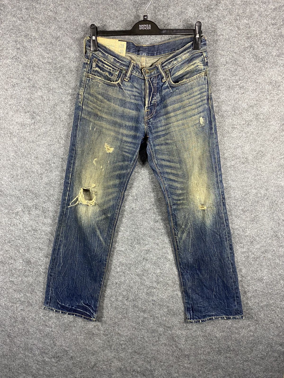 image of Abercrombie Fitch x Distressed Denim Abercrombie & Fitch Distressed Flared Jeans in Blue (Size 30)