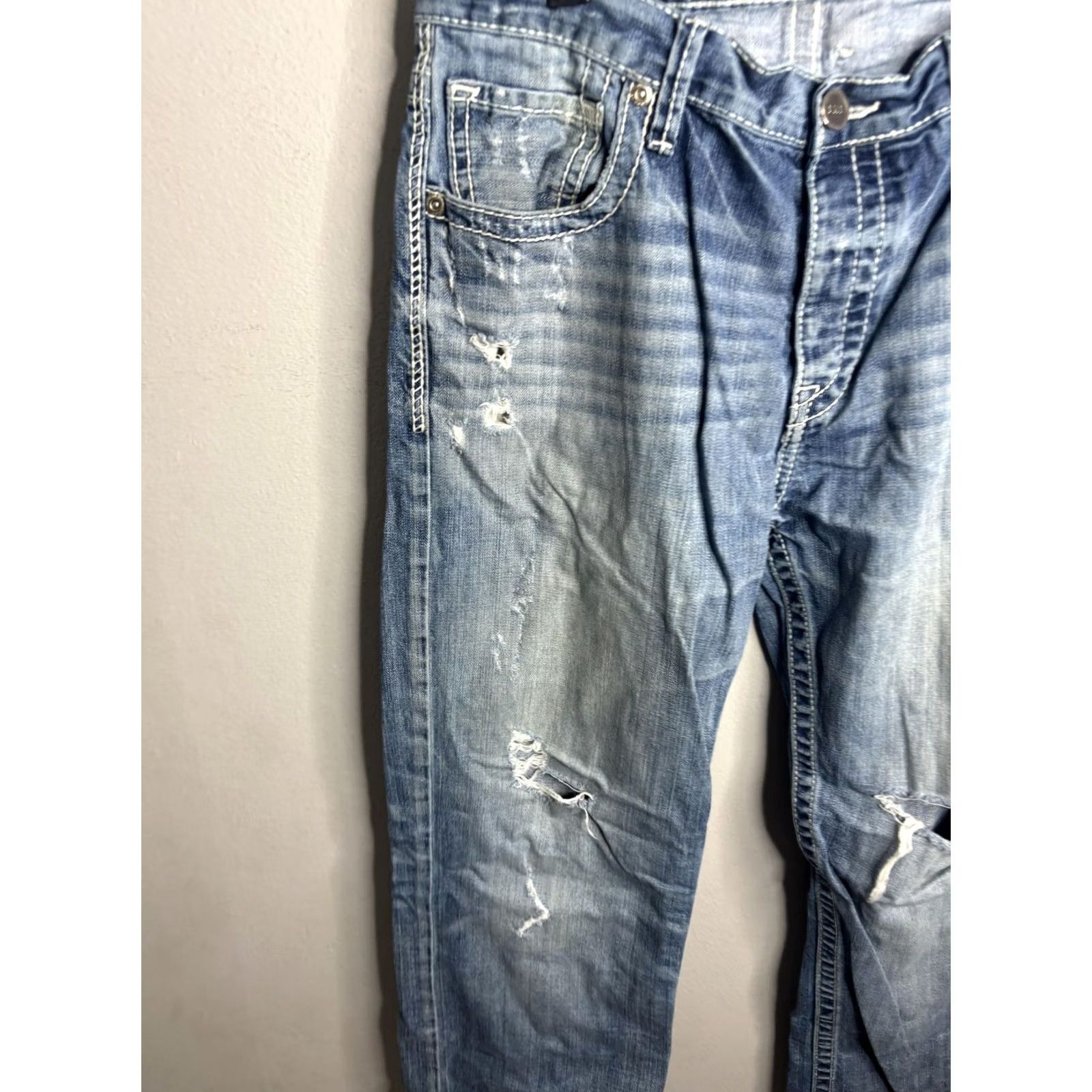BKE BKE Tyler Straight Jeans Mens 33x34 Blue Distressed Denim Button Fly / Regular Inseam 34" 5-Pocket Grunge Vintage: No / Mens Size US 33 - 2 Thumbnail