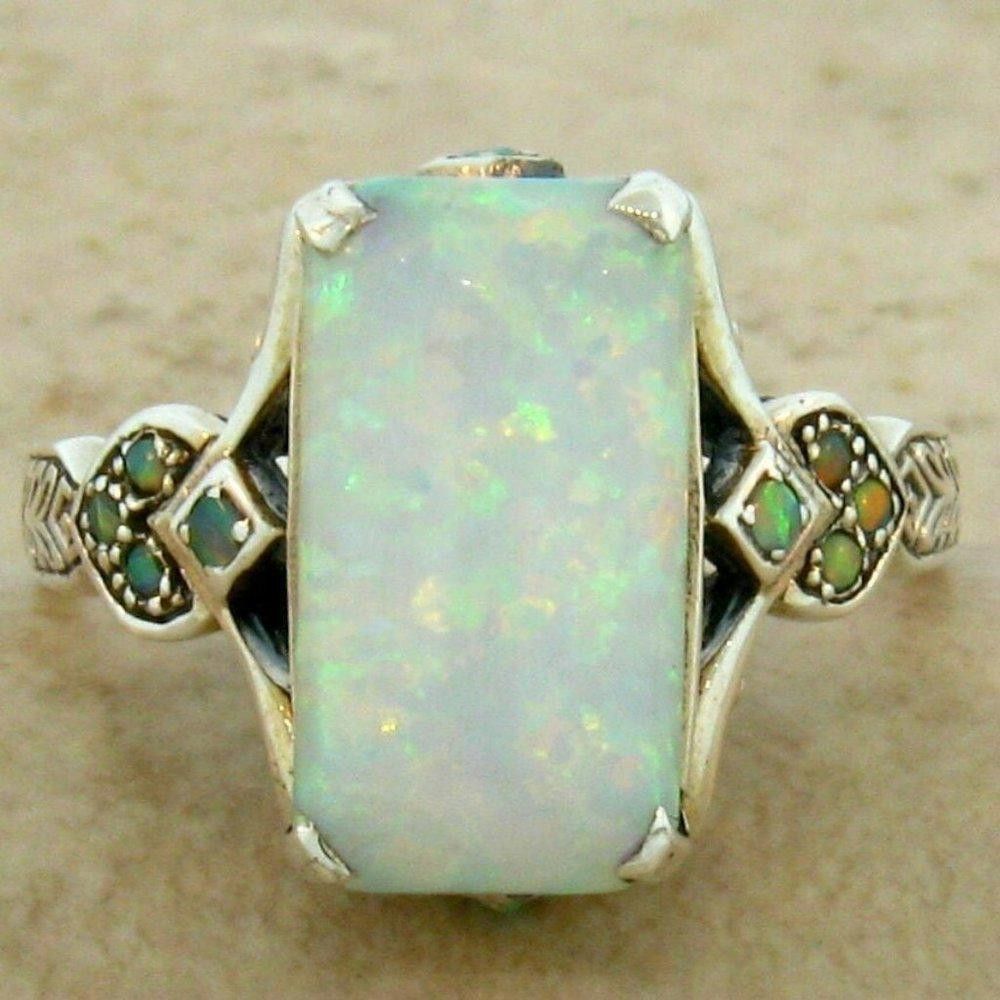 Designer Victorian Style Square White Fire Opal Silver Ring - Size 7 Size ONE SIZE - 2 Thumbnail