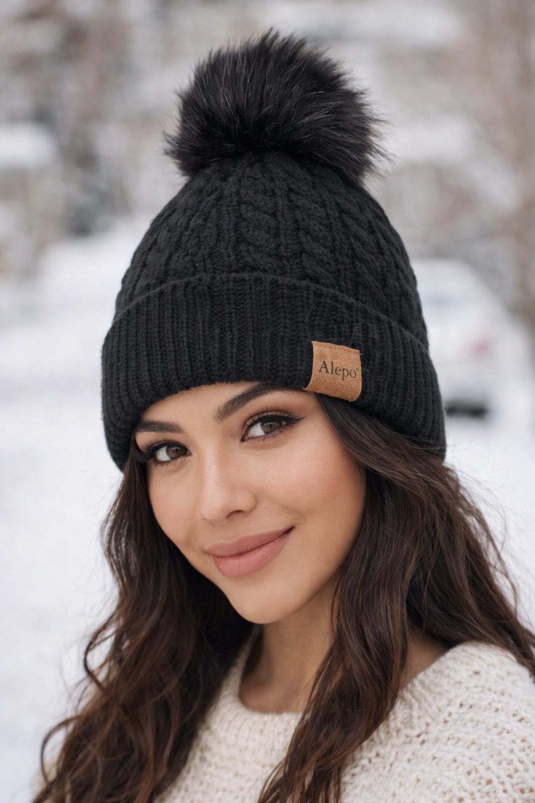 Other Alepo Black Knit Beanie Hat w Faux Fur Pom Pom Size ONE SIZE - 1 Thumbnail