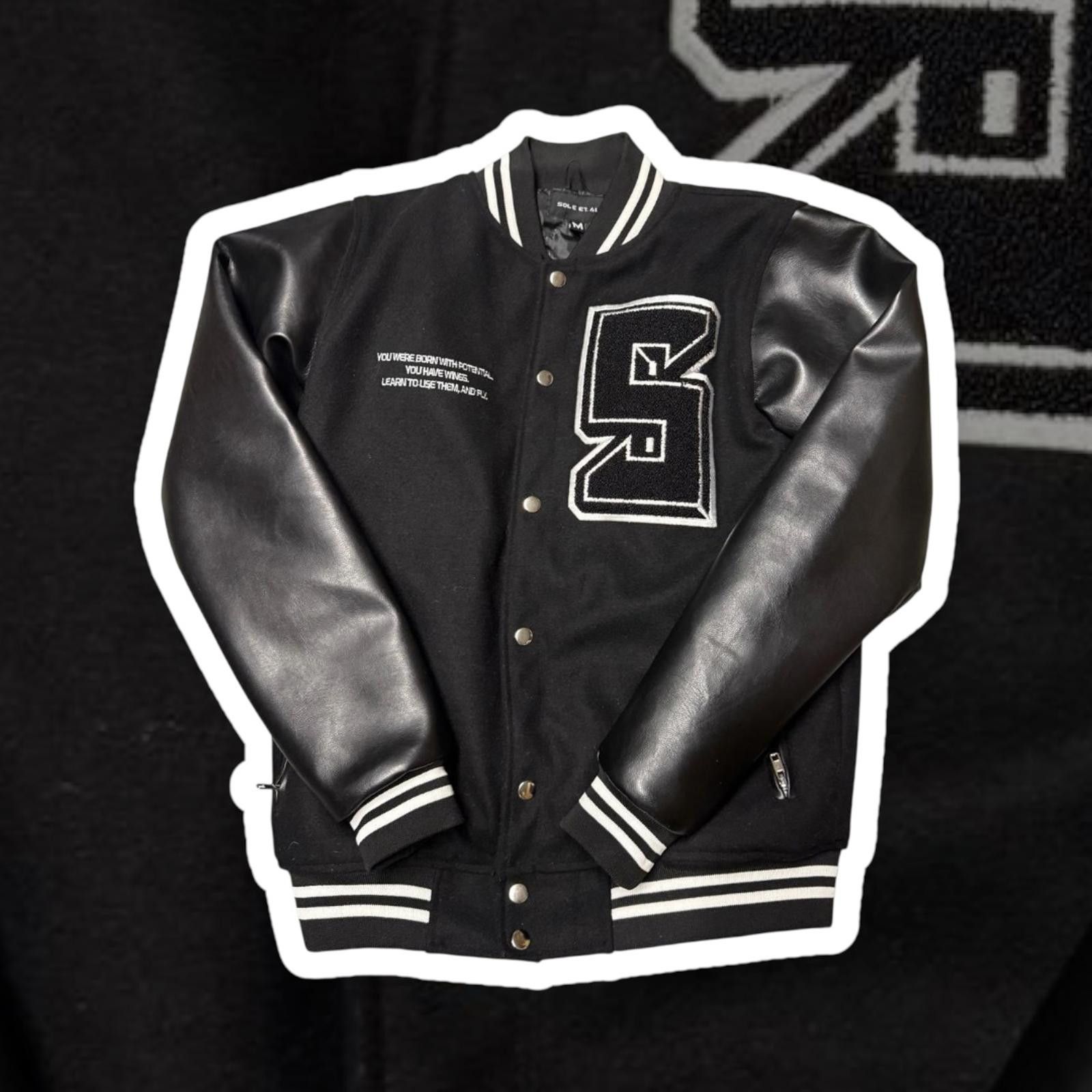 Stylish Black Varsity Jacket with Leather Sleeves