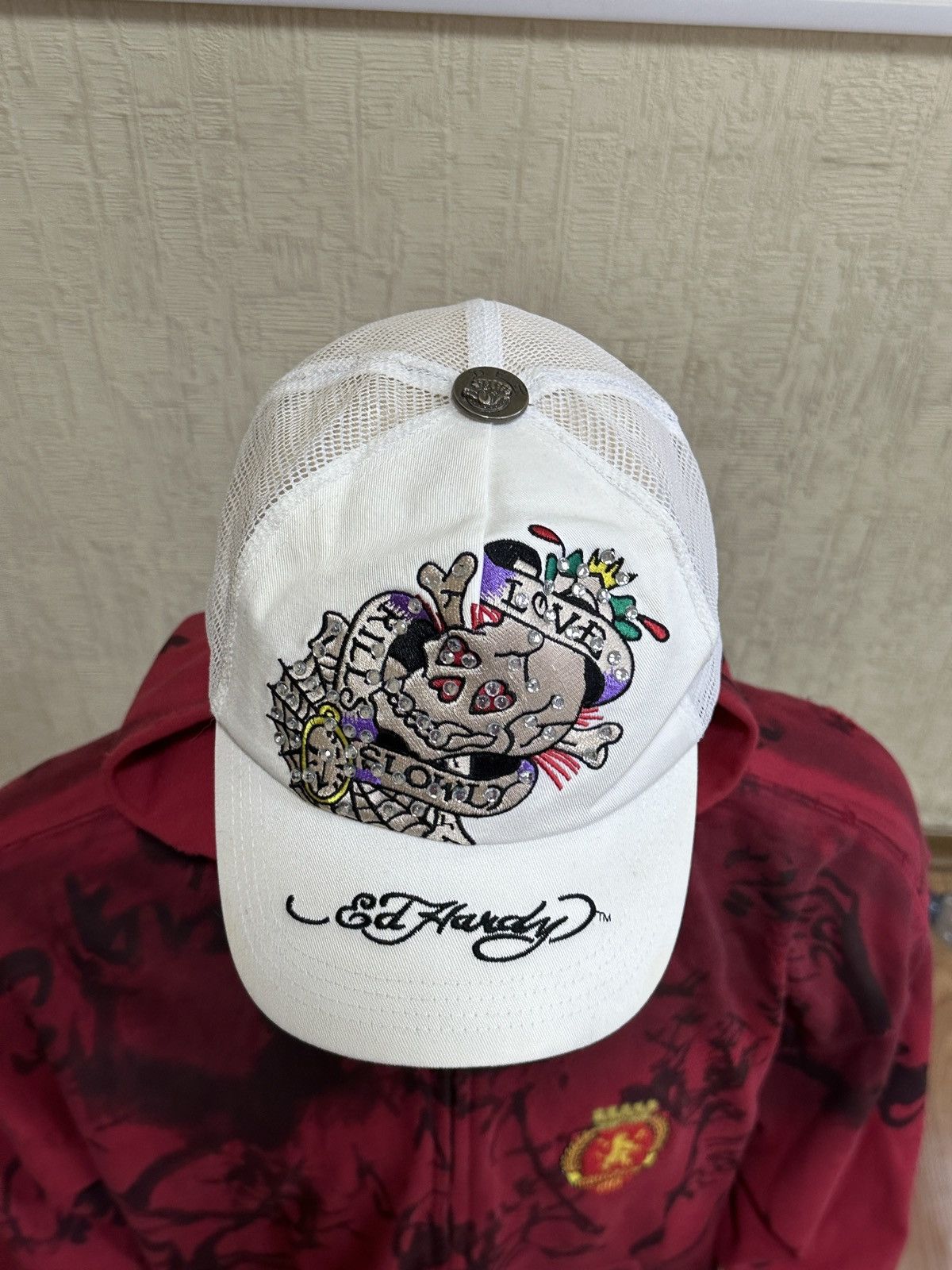 Ed Hardy × Vintage Vintage Ed Hardy Rhinestones Skull WebTrucker Hat Cap Size ONE SIZE - 5 Thumbnail