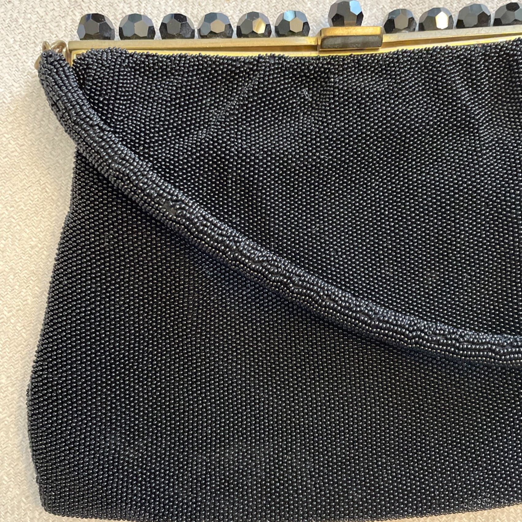 Vintage VINTAGE Black Beaded Evening Bag Handle Small Crystal Brass Handmade in France Women Evening Bag France Crystal Beaded Bag Womens Size ONE SIZE - 5 Thumbnail