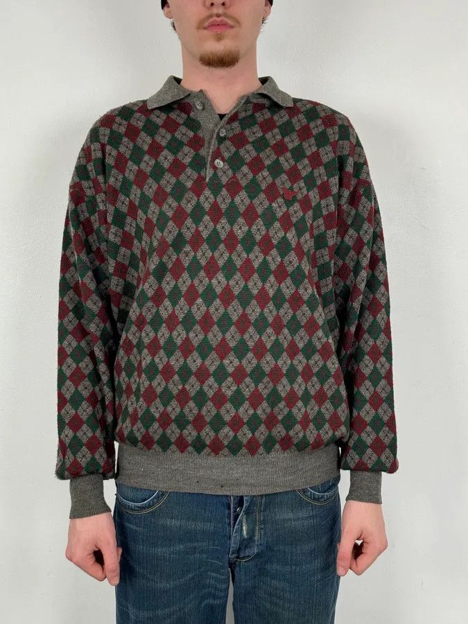 Emporio Armani 1980s Emporio Armani Grey Wool Red & Green Polo Sweater Size US L / EU 52-54 / 3 - 2 Thumbnail