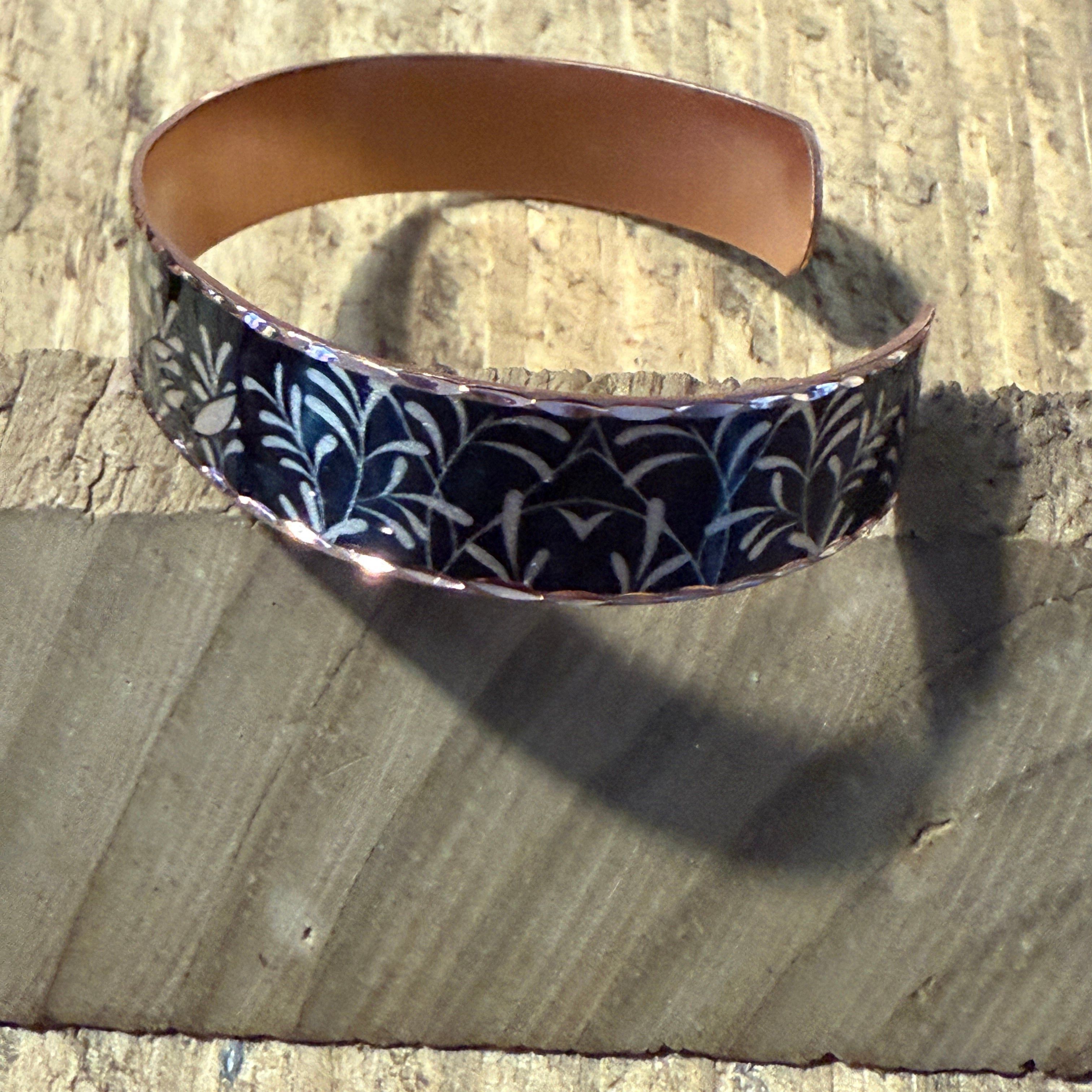 Other Handcrafted Copper Black Diamond Floral Narrow Cuff Bracelet Size ONE SIZE - 5 Thumbnail