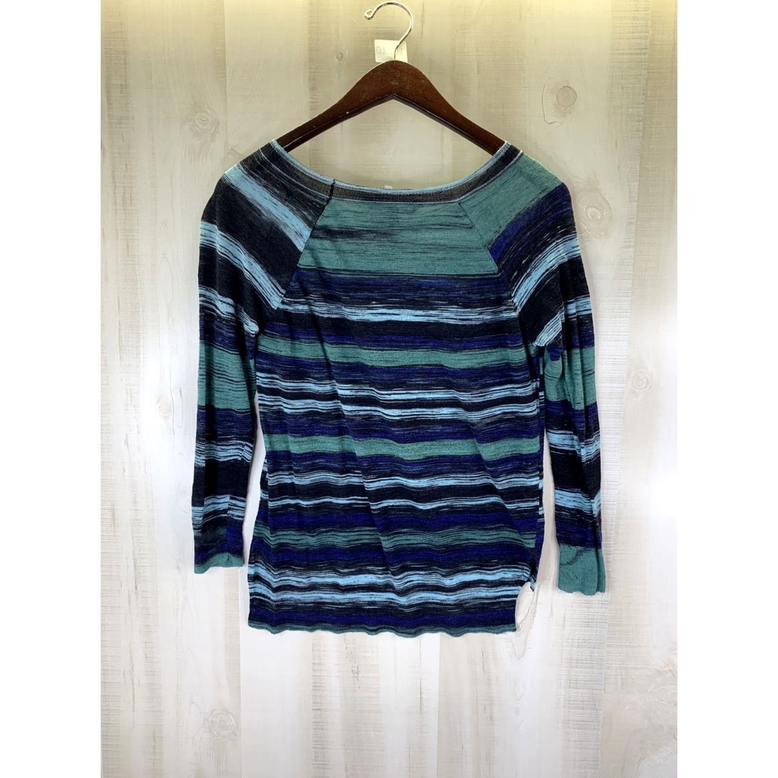 Bcbgmaxazria BCBGMAXAZRIA Drielle Striped Sheer Knit Long Sleeve Scoop Neck Top Womens Blouse, Multicolor, S, Knit, Pullover, Casual, Travel, Basic, Sheer, 11210 Size S / US 4 / IT 40 - 6 Thumbnail