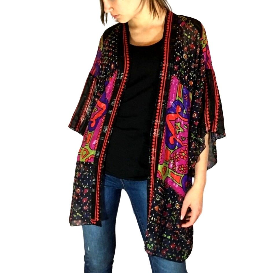 Anna Sui Anna Sui Multi Pink Black Sheer Floral Paisley Kimono M / L Size M / US 6-8 / IT 42-44 - 2 Thumbnail