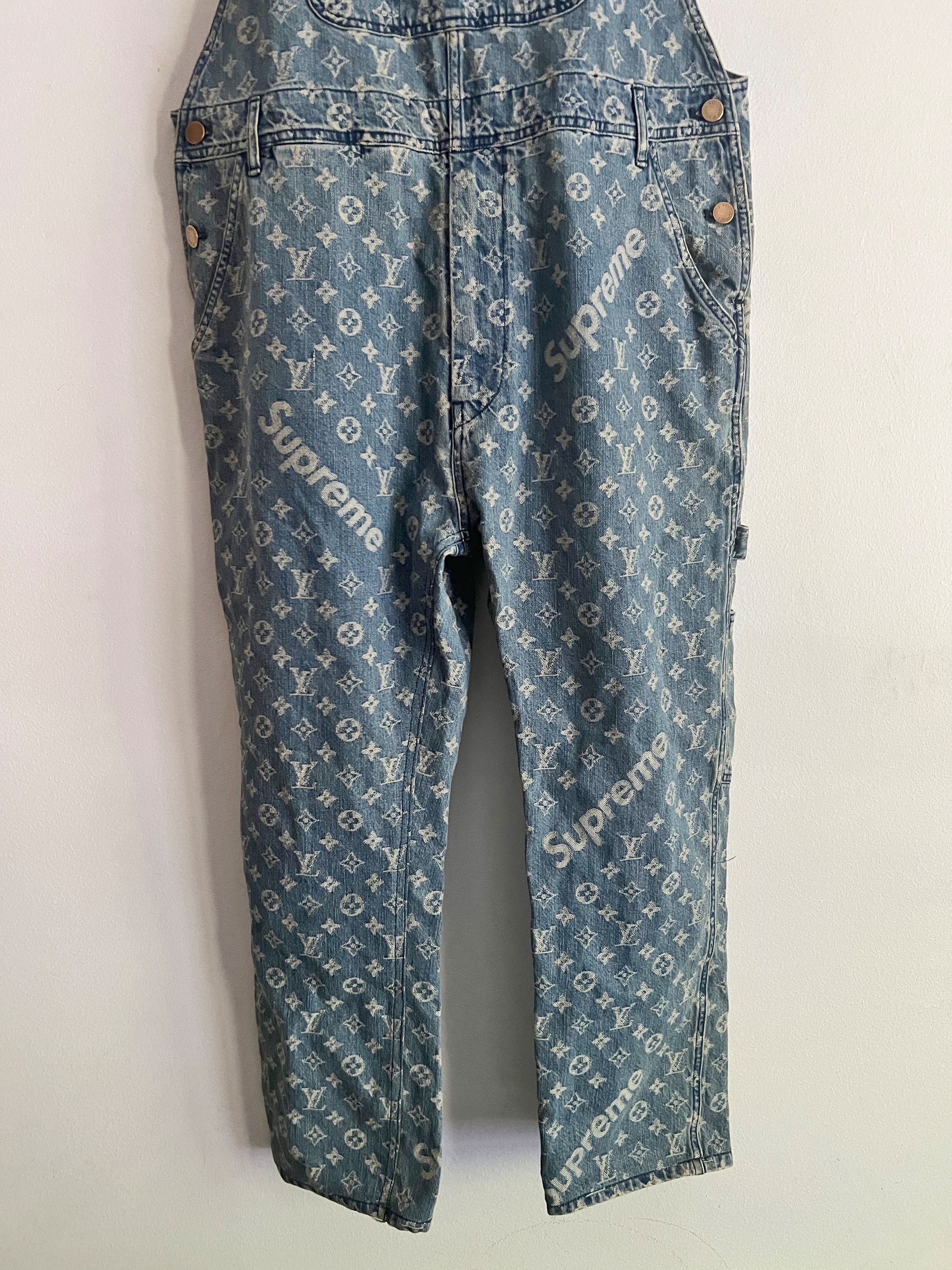 LV X Supreme Sz32 Blue Monogram Denim Overall Bottoms