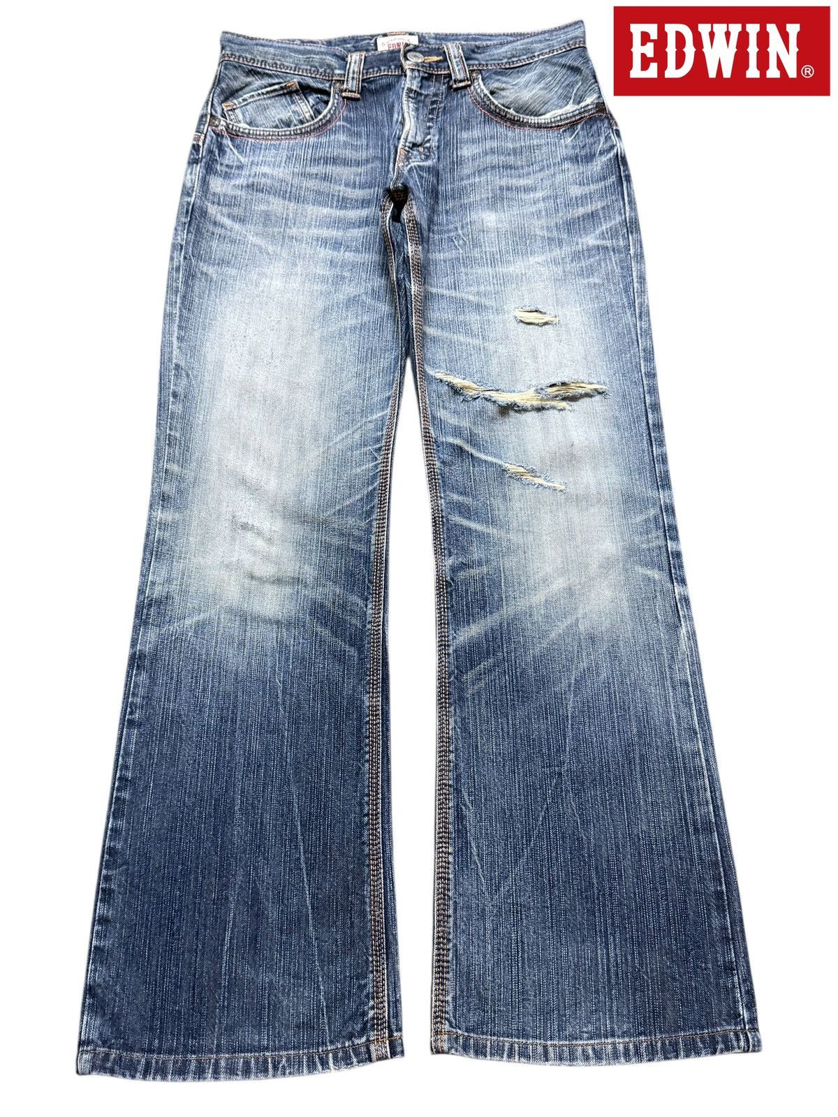 Edwin Vintage 90s Edwin XV Faded Wash Whisker Distressed Bootcut Size US 31 - 1 Thumbnail