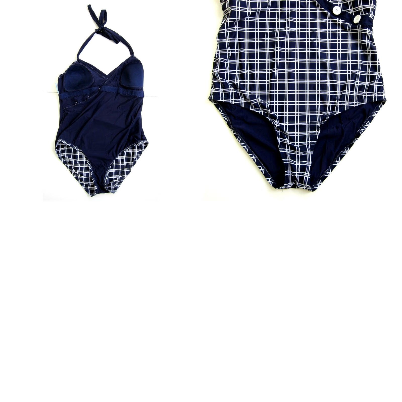 Vintage ModCloth Blue White Plaid Button Halter V-Neck One Piece Swimsuit Women 16-18 Size ONE SIZE - 8 Thumbnail