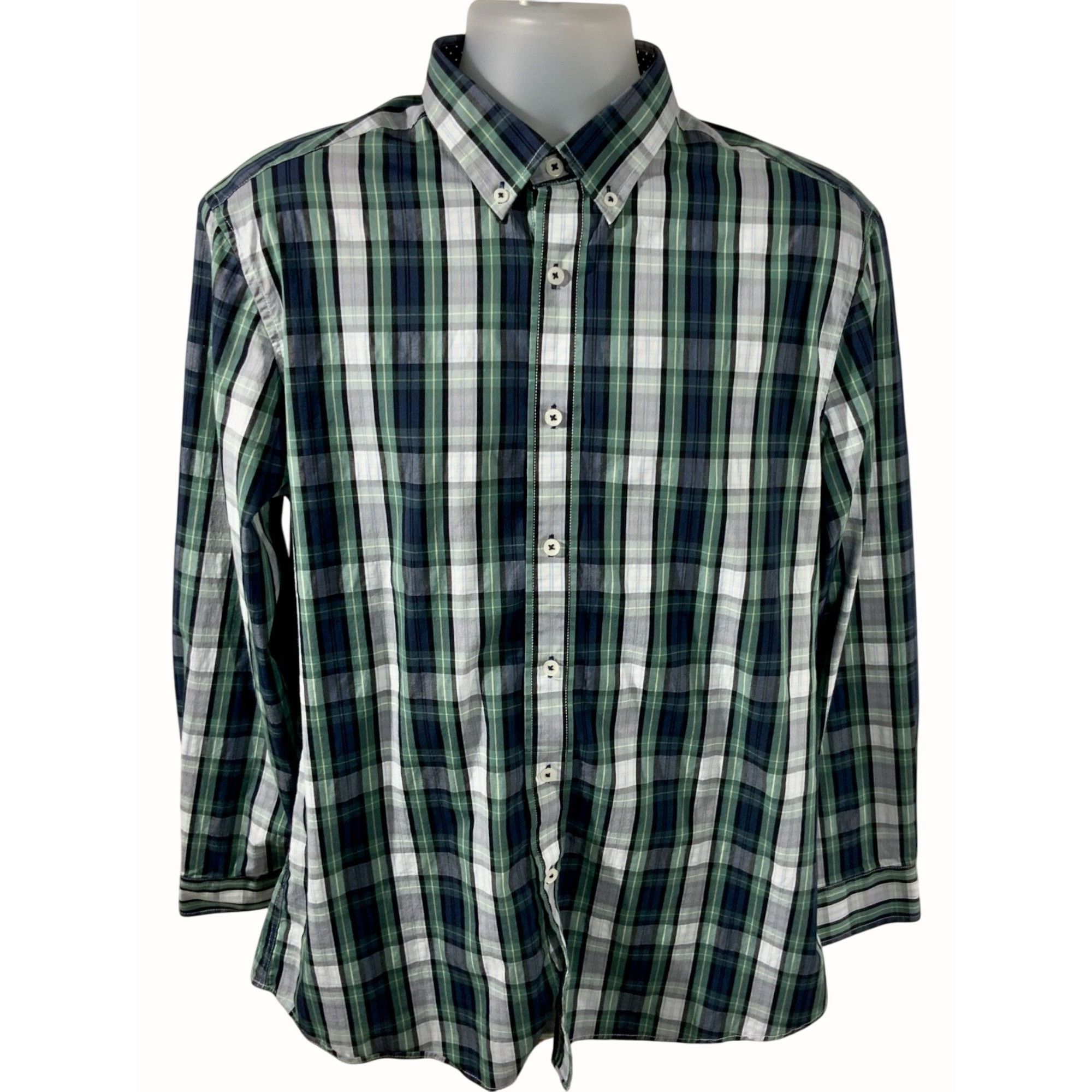 Designer Nick Graham Mens Green Blue Plaid Stretch Modern Fit Button Size US L / EU 52-54 / 3 - 1 Thumbnail