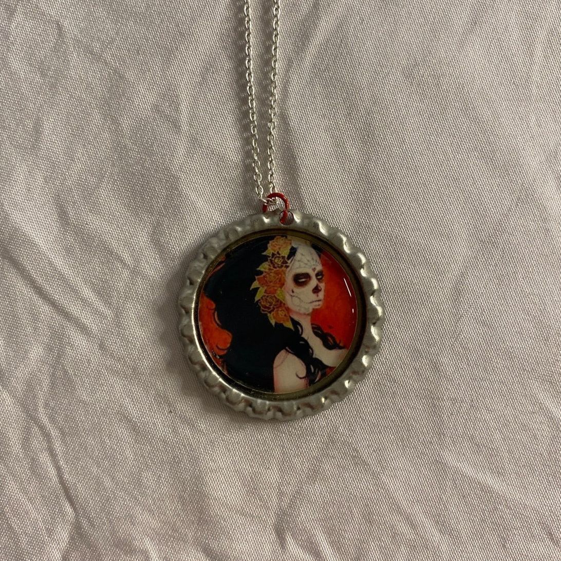 Handmade Day of the Dead Pendant Necklace Sugar Skull Art Silver Size ONE SIZE - 3 Thumbnail