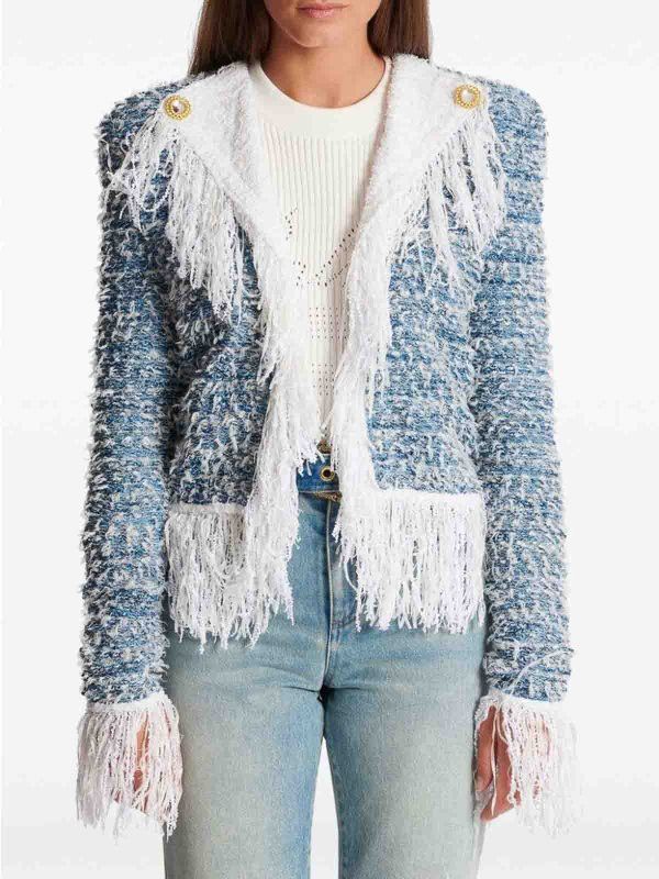 Balmain o1s1wg110825 Fringed Tweed Cardigan in Blue Size M / US 6-8 / IT 42-44 - 2 Thumbnail