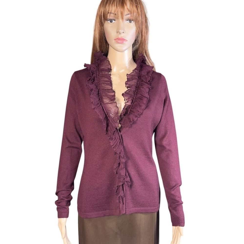 Elie Tahari Tahari Wool Silk Ruffle Burgundy Cardigan Size S Size S / US 4 / IT 40 - 1 Thumbnail