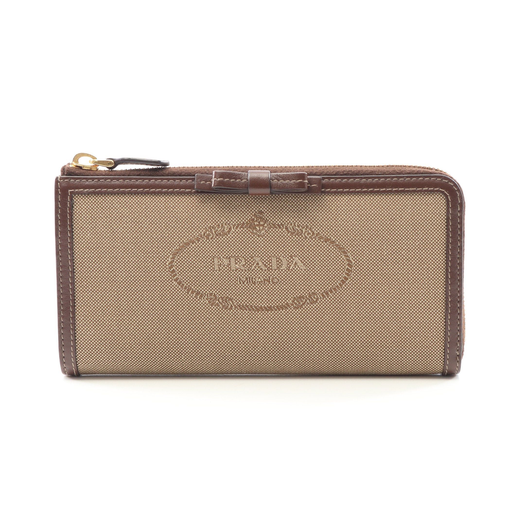 Prada Prada Logo Jacquard Round Zipper Long Wallet Canvas Leather Beige Dark Brown Size ONE SIZE - 1 Thumbnail