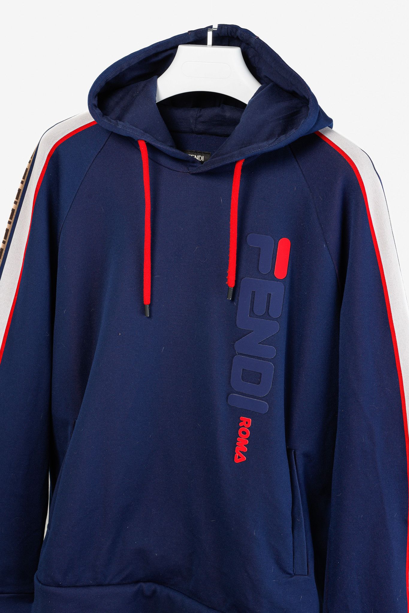 Fendi × Fila Fendi x Fila Navy Cotton-Blend Logo Stripe Pullover Hoodie Size US XL / EU 56 / 4 - 3 Thumbnail