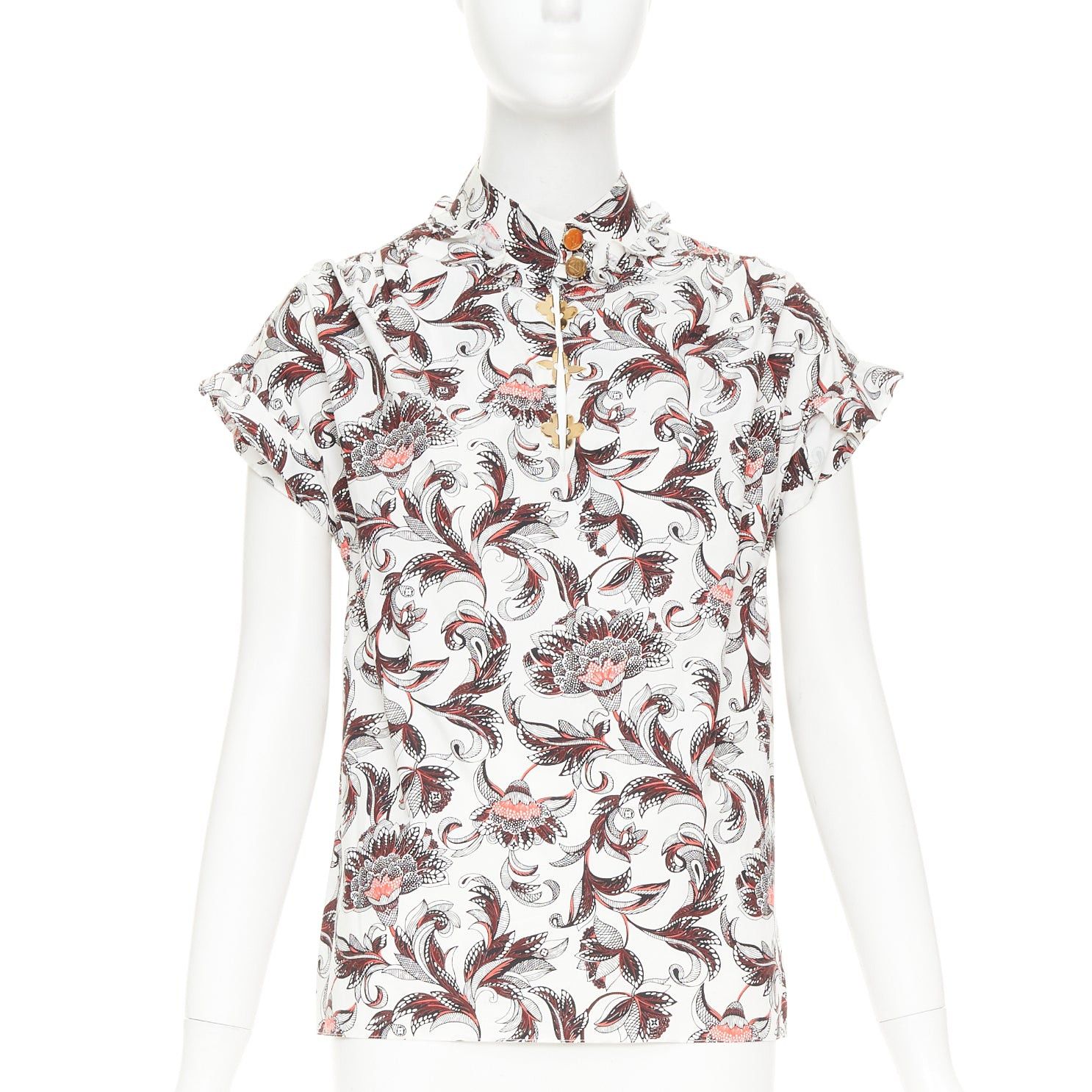 Louis Vuitton LOUIS VUITTON white red burgundy paisley floral print LV logo button ruffled shirt FR34 XS Size XS / US 0-2 / IT 36-38 - 1 Thumbnail