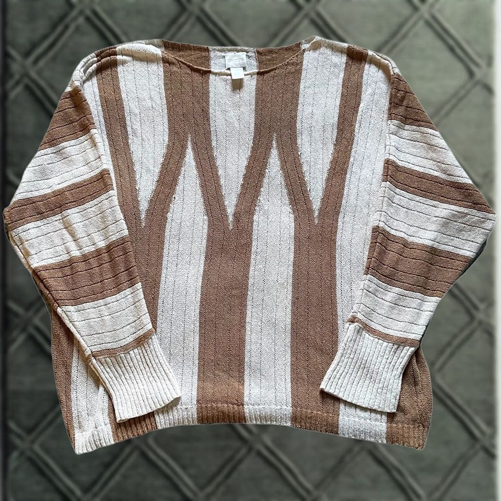 Vintage Chico’s Sweater XL Open-Knit Pullover Top Cream Brown Tan Stripe Rib Knit Sleeve 3/4 Women Pullover Knit Open-Knit Striped Cardigan? Size XL / US 12-14 / IT 48-50 - 1 Thumbnail