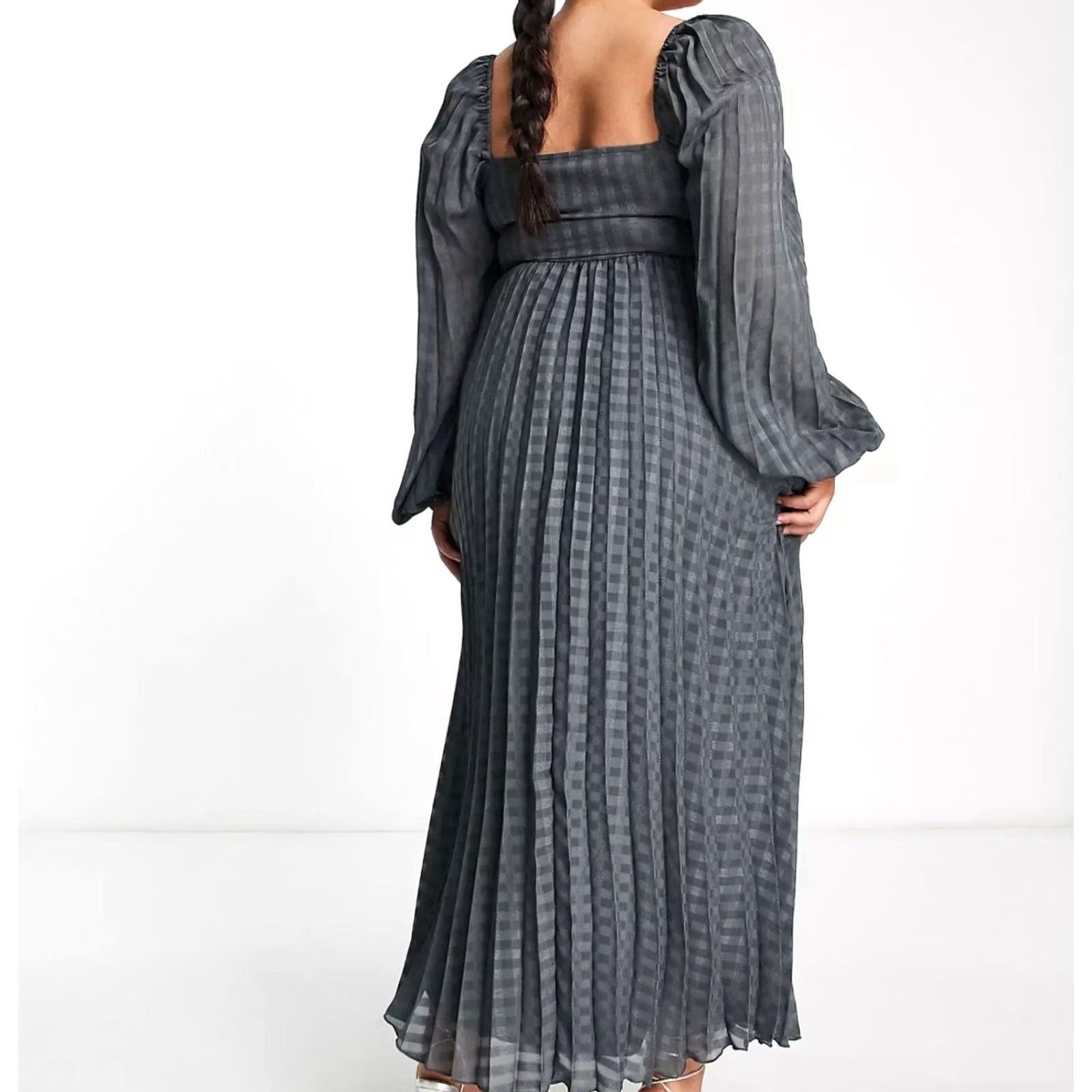 Asos ASOS Dress Womens 12 Gray Embroidered Pleated Lace Long Sleeve Fairy Coquette Whimsigoth Maxi Size XL / US 12-14 / IT 48-50 - 6 Thumbnail