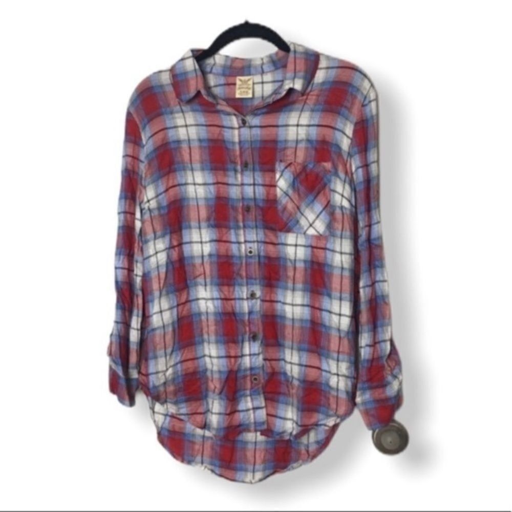 Faded Glory Faded Glory S Red Blue Plaid Button Down Shirt Soft Rayon Fl Size S / US 4 / IT 40 - 2 Thumbnail