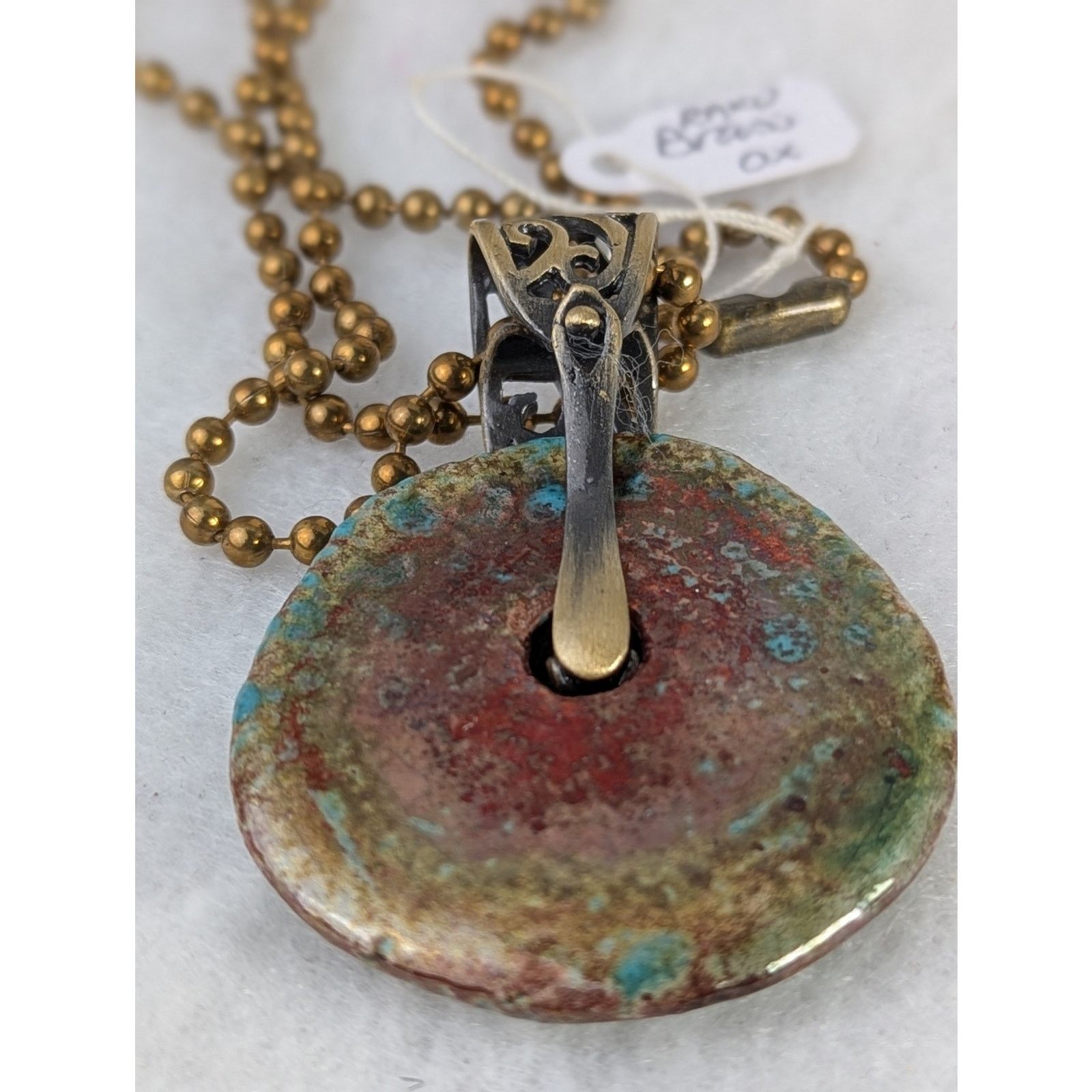 Designer Raku donut pendant+17 ball chain handmade artisan brass Size ONE SIZE - 2 Thumbnail