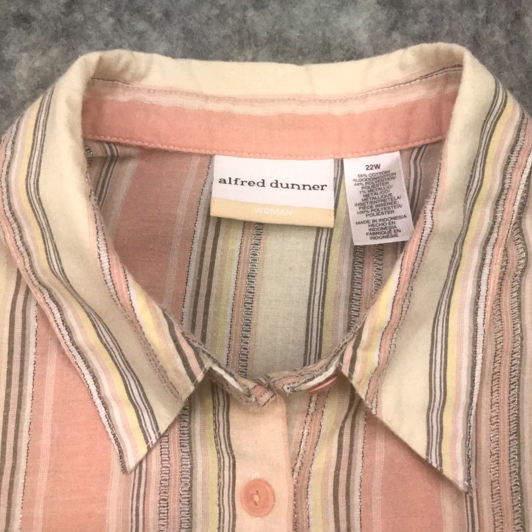 Vintage Alfred Dunner Womens Striped Button-Up Top 22W Beige & Metallic | Cotton Polyester Blend | 3/4 Sleeve | Collared | Plus Size | Shirt - Womens Size 3XL / US 20-22 - 3 Thumbnail
