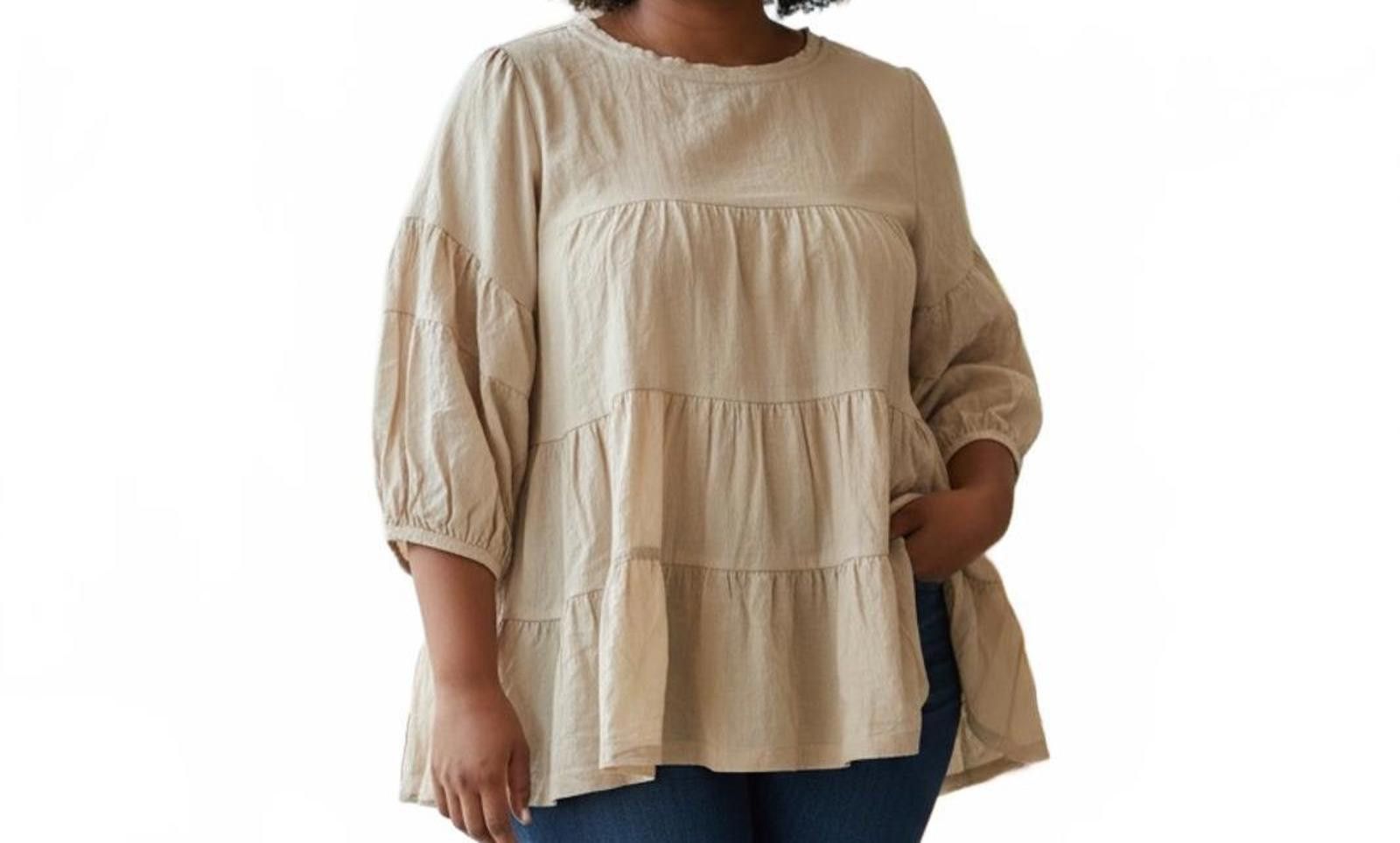 Other Bluivy Beige Tiered Peplum Blouse with 3/4 Sleeves Size L / US 10 / IT 46 - 1 Thumbnail