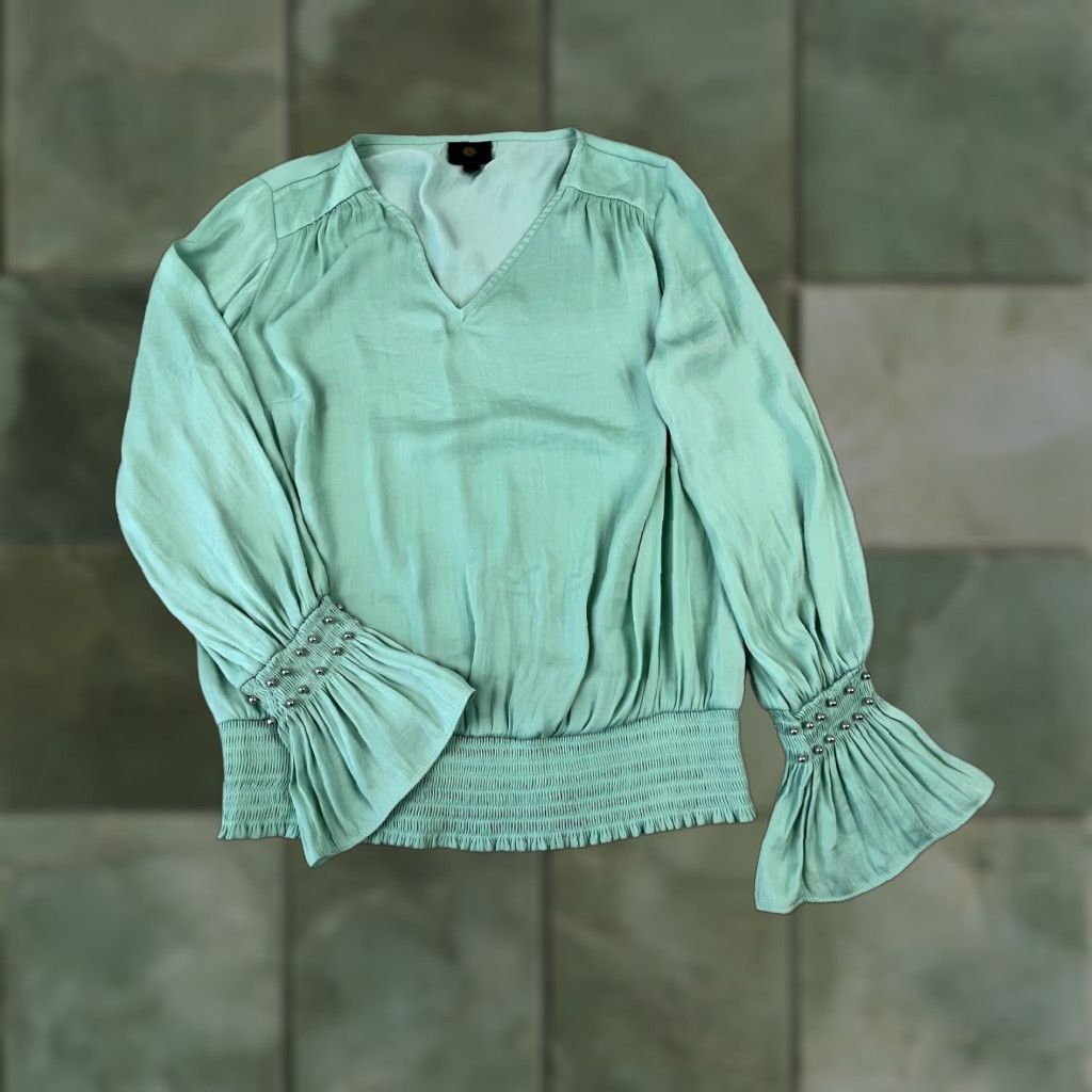 JM Collection JM Collection Women's Green Balloon Sleeve Blouse Long Sleeve Small Size S / US 4 / IT 40 - 1 Thumbnail