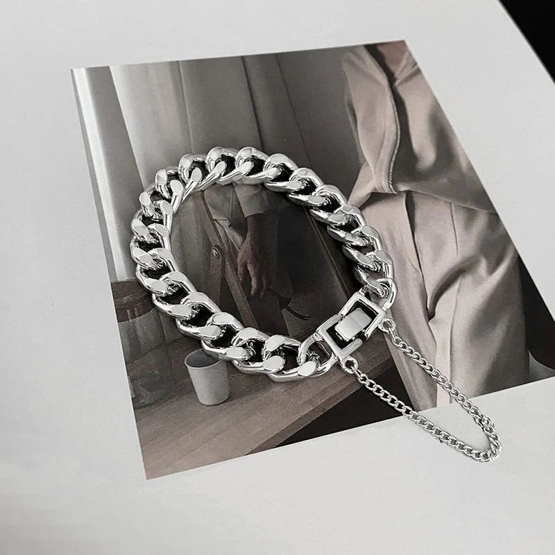 Jewelry × Vintage Stainless Steel Metal Chains Bracelet Cuban Link Wristband Size ONE SIZE - 3 Thumbnail