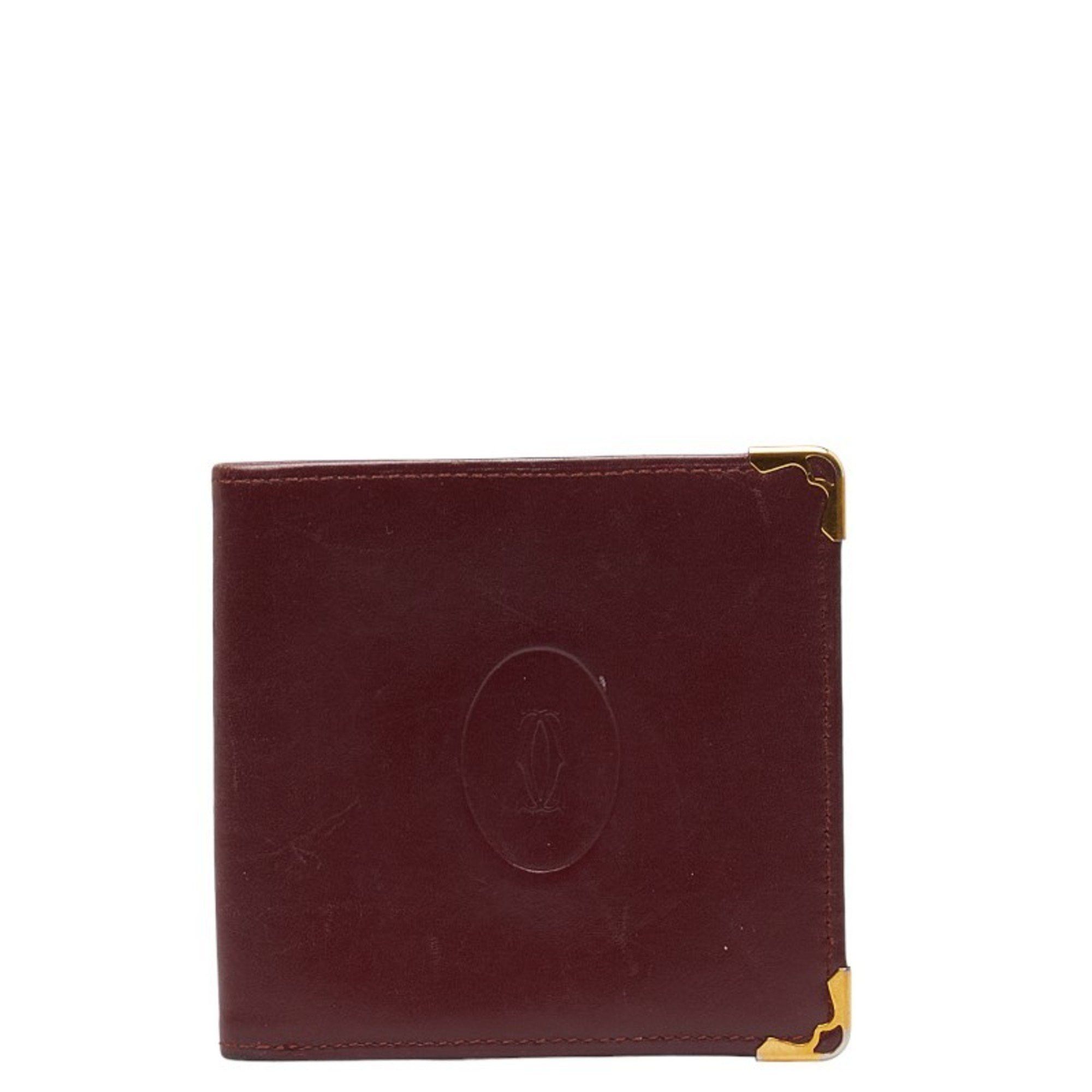 image of Cartier Must Line Bi-Fold Wallet Wine Red Bordeaux Leather Women's Cartier