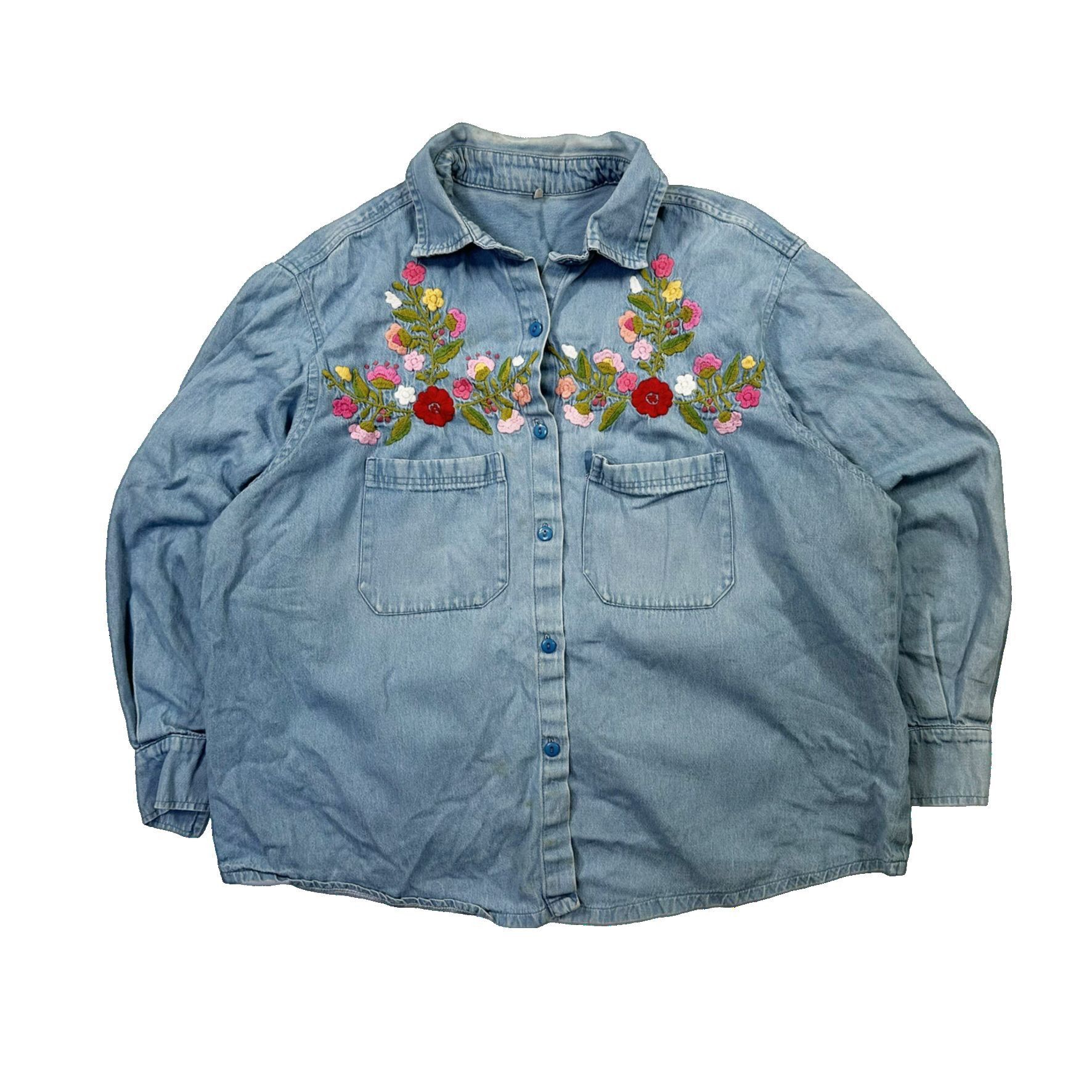 Vintage Vintage 90s Hand Embroidered Floral Denim Button Up Shirt Size US L / EU 52-54 / 3 - 1 Thumbnail