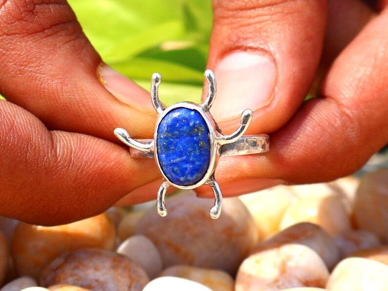 Handmade Lapis Lazuli Insect Ring, Handmade 925 Silver Scarab Beetle Size ONE SIZE - 7 Thumbnail