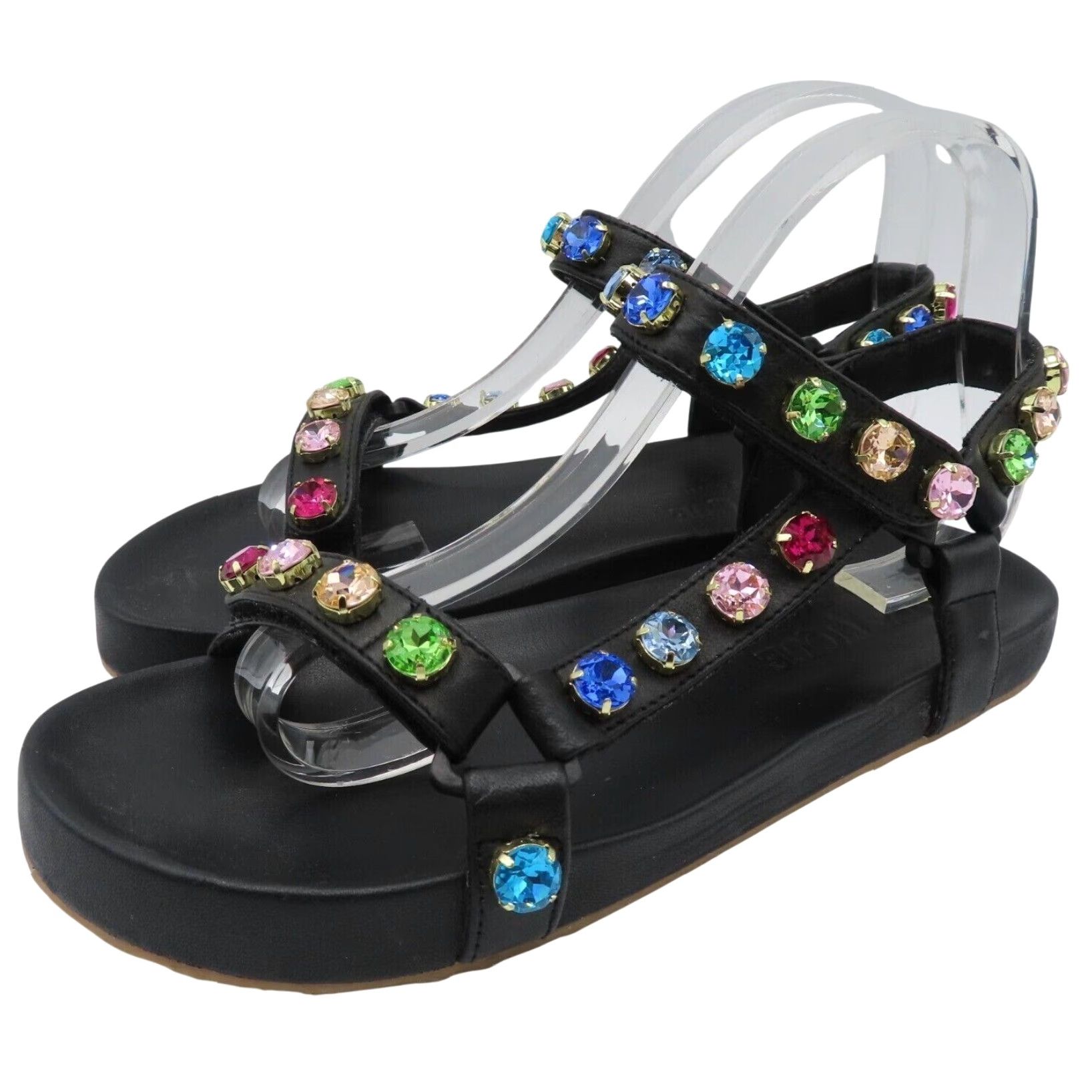 Rainbow Mystique Stephanie Gottlieb Women Sandal 8 Rainbow Rhinestone Hook Loop Leather Black Leather Sandals Womens Shoes Size US 8 / IT 38 - 2 Thumbnail