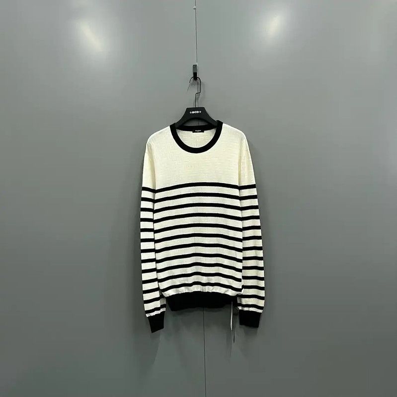 Balmain Balmain White Striped Wool Long Sleeve Sweater 0089 Size L / US 10 / IT 46 - 1 Thumbnail