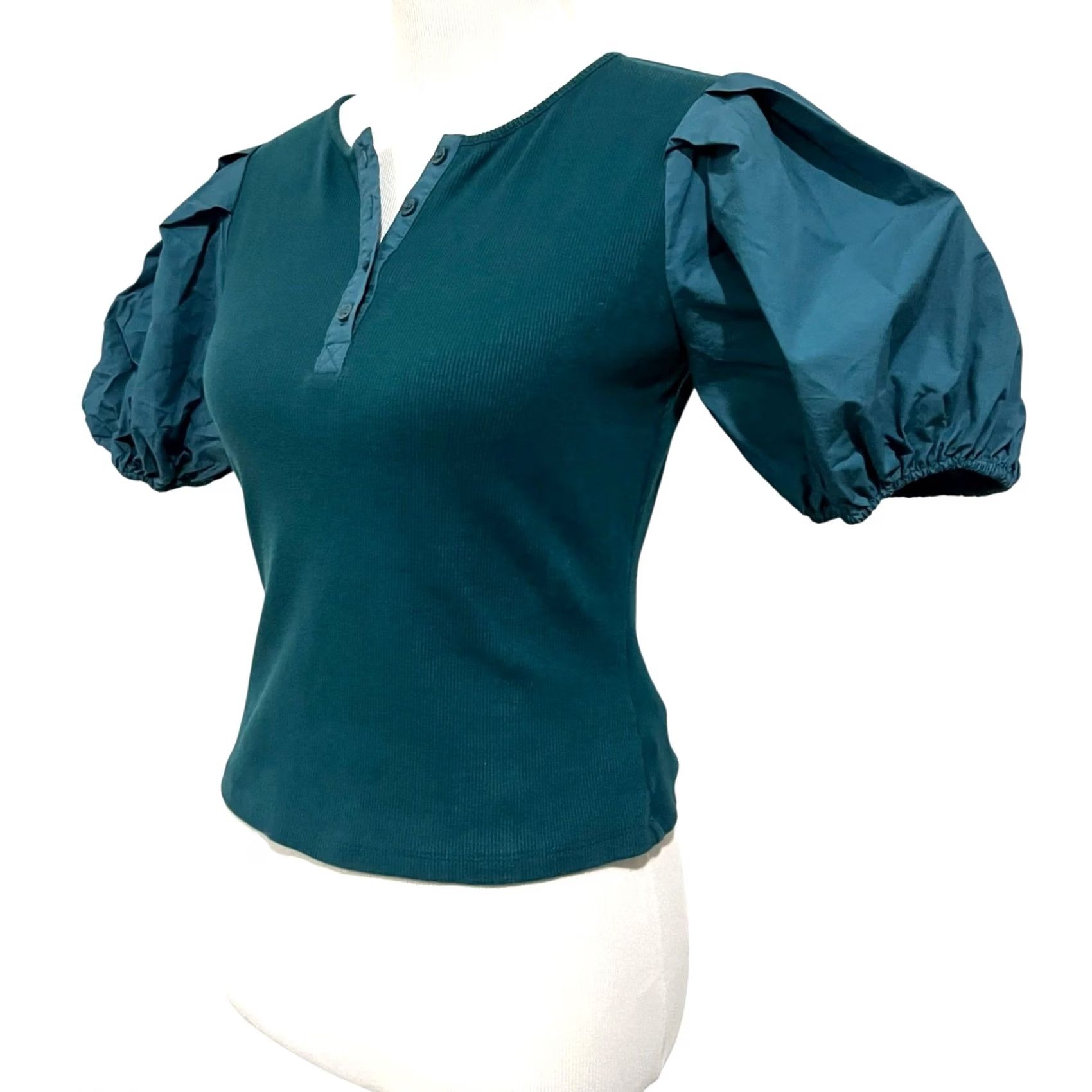 English Factory VINTAGE English Factory Blouse Shirt Womens Puff Sleeve Henley Teal Blue Knit Size S Size S / US 4 / IT 40 - 4 Thumbnail