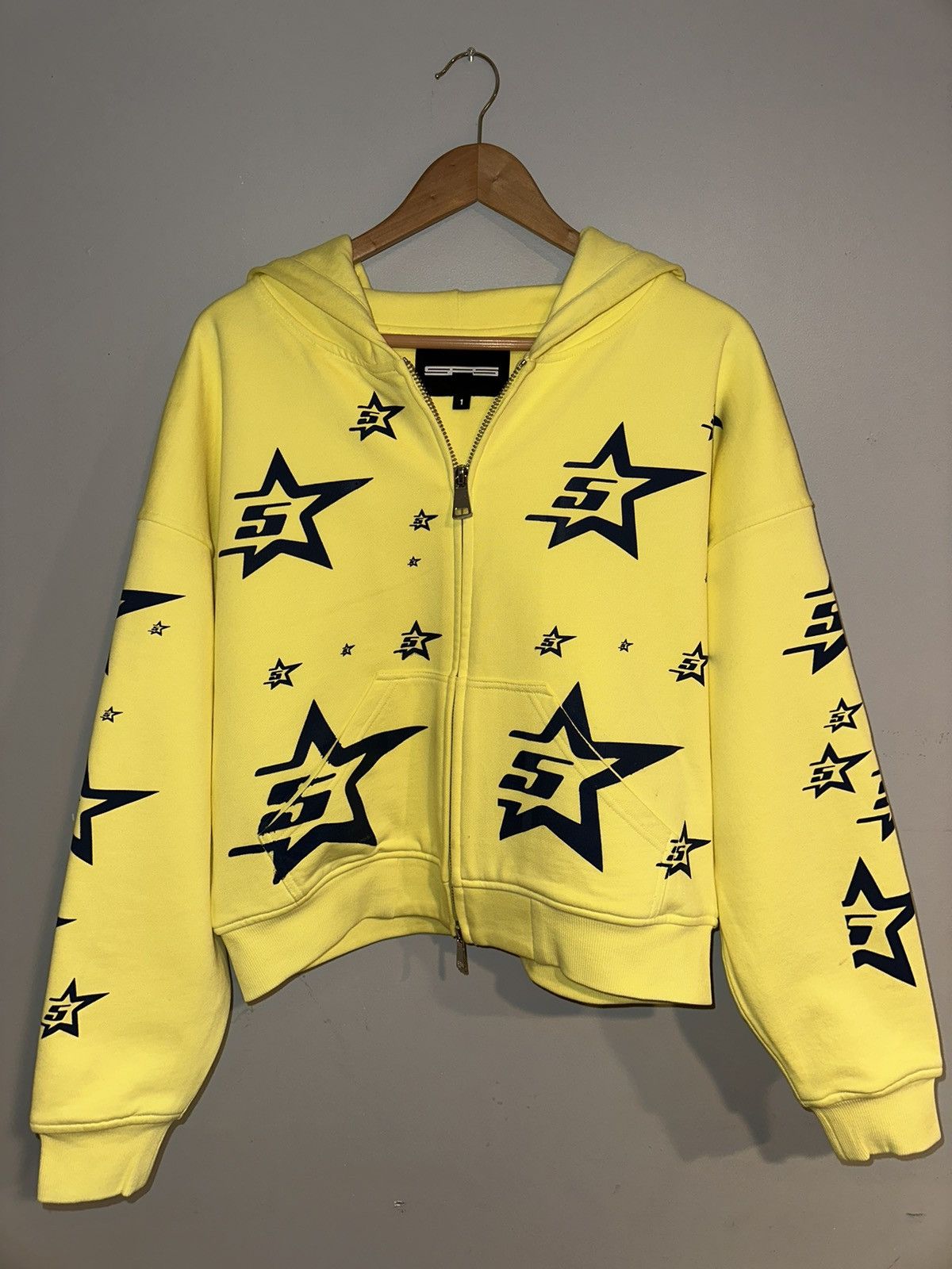 image of Spider Worldwide x Young Thug Sp5Der Double Layer Zip Up Cropped Hoodie (1) in Yellow (Size Small)