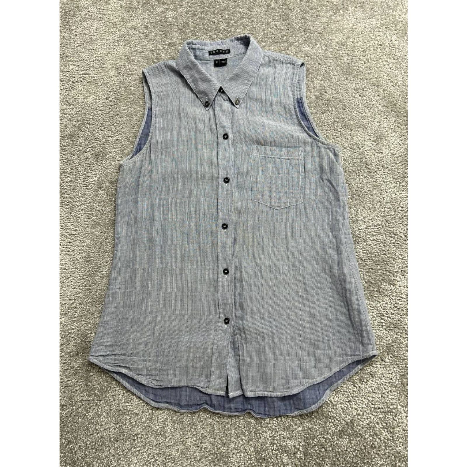 Theory Theory Shirt Womens Small Blue Striped Cotton Pleated Button Down Sleeveless Top Size S / US 4 / IT 40 - 2 Thumbnail