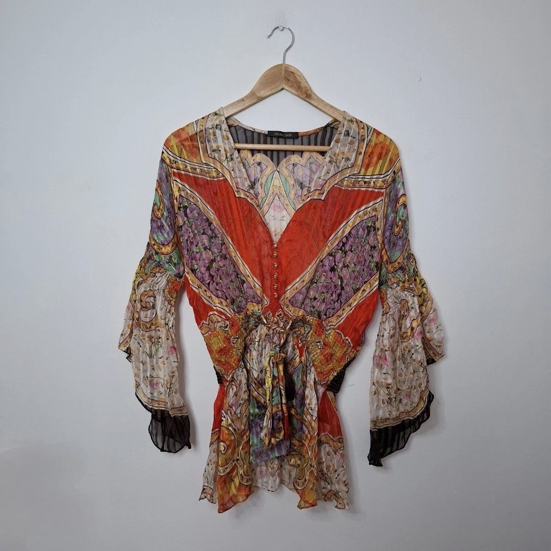 ROBERTO CAVALLI Multicolour Floral Silk Smocked Sheer Blouse