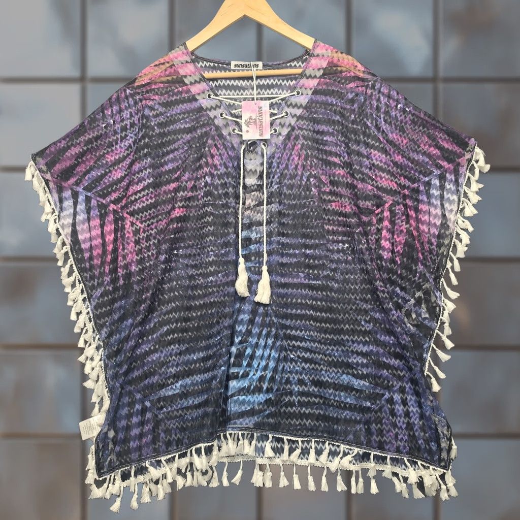 Vintage Sunsations Kimono Poncho Beach Cover Up Womens OS Blue Purple Geometric NEW Size ONE SIZE - 1 Thumbnail
